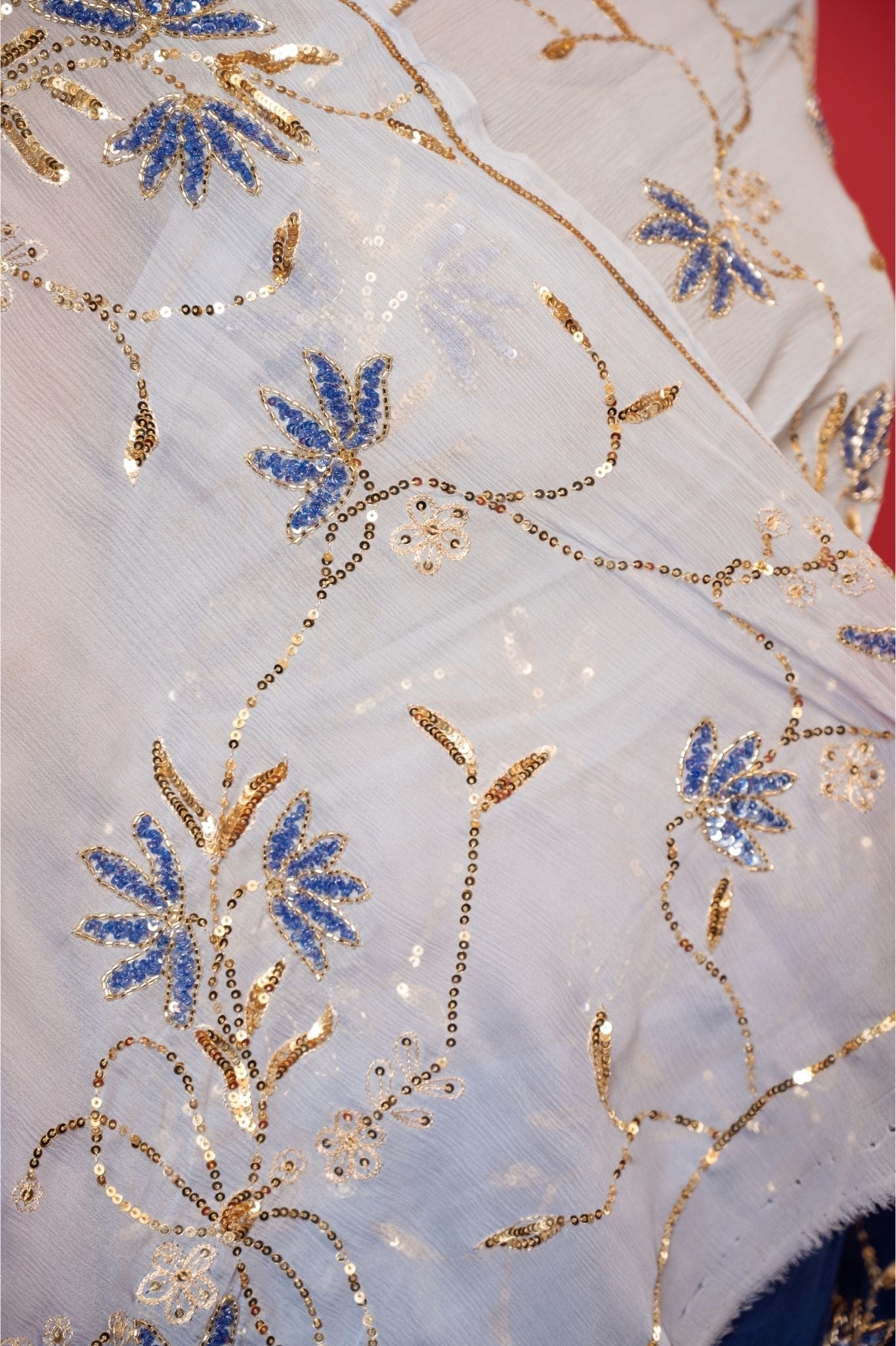 Blue light dark pure chiffon aari sequins  jaal handwork saree