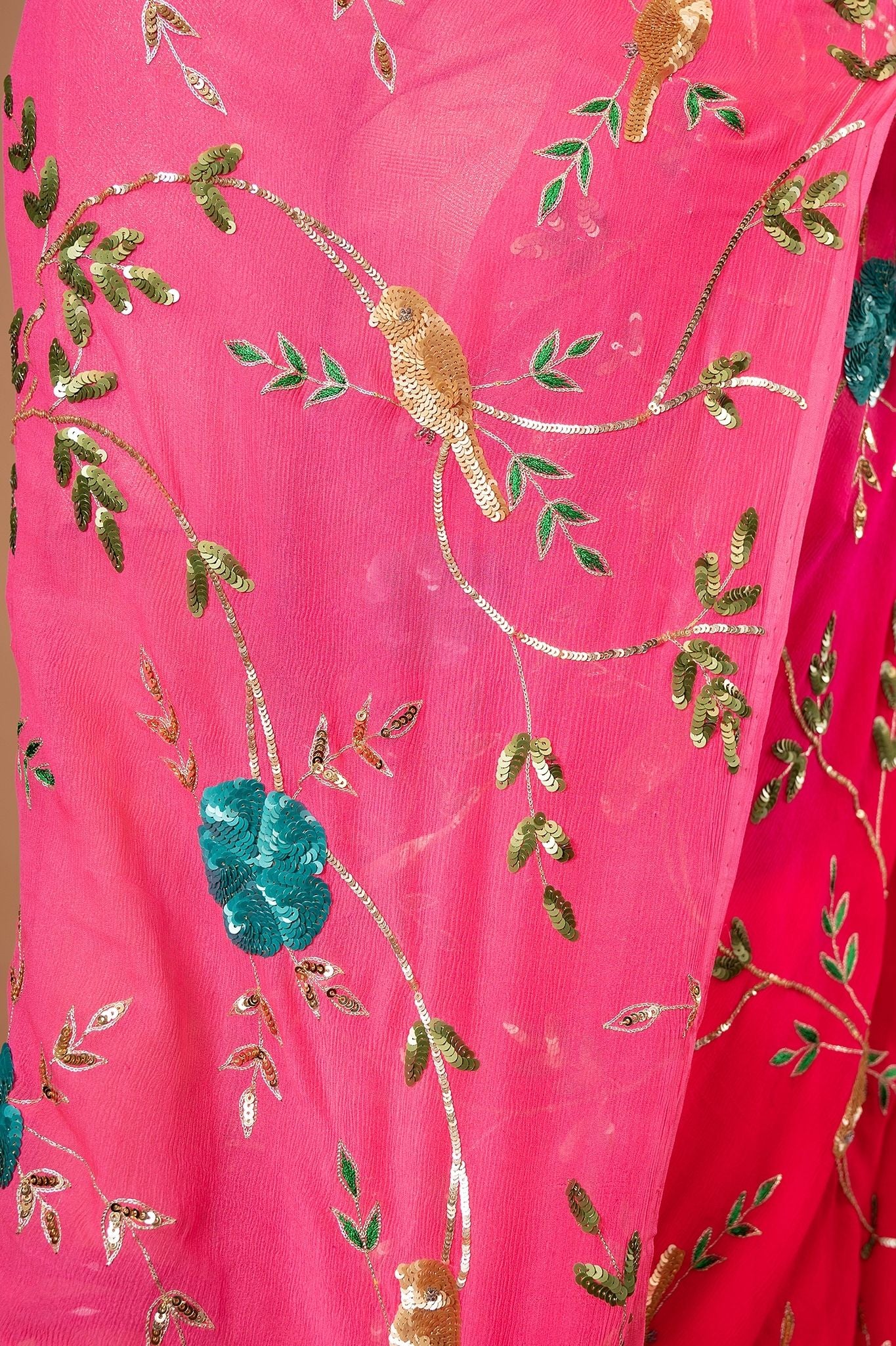 Gajri Pink light dark pure chiffon aari sequins  jaal handwork saree