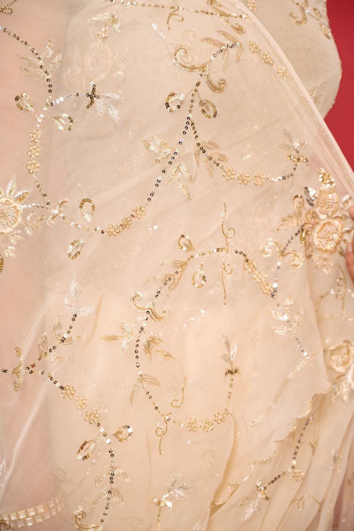 Creme pure chiffon aari sequins  jaal handwork saree