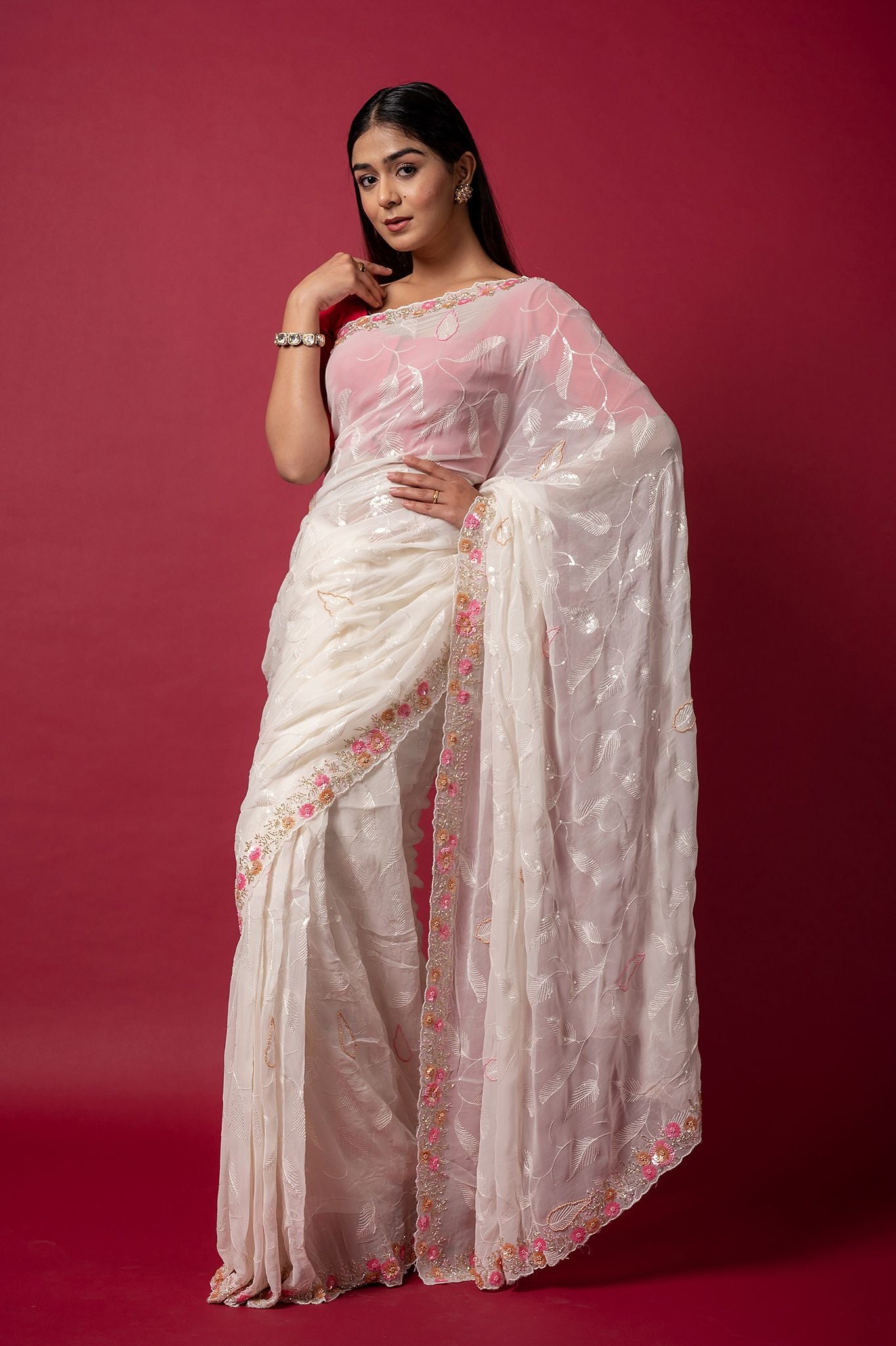 white organza  sequins kardana handwork saree