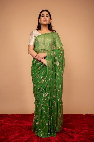 Viscose Chiffon Green Aari Siquin Butta Saree