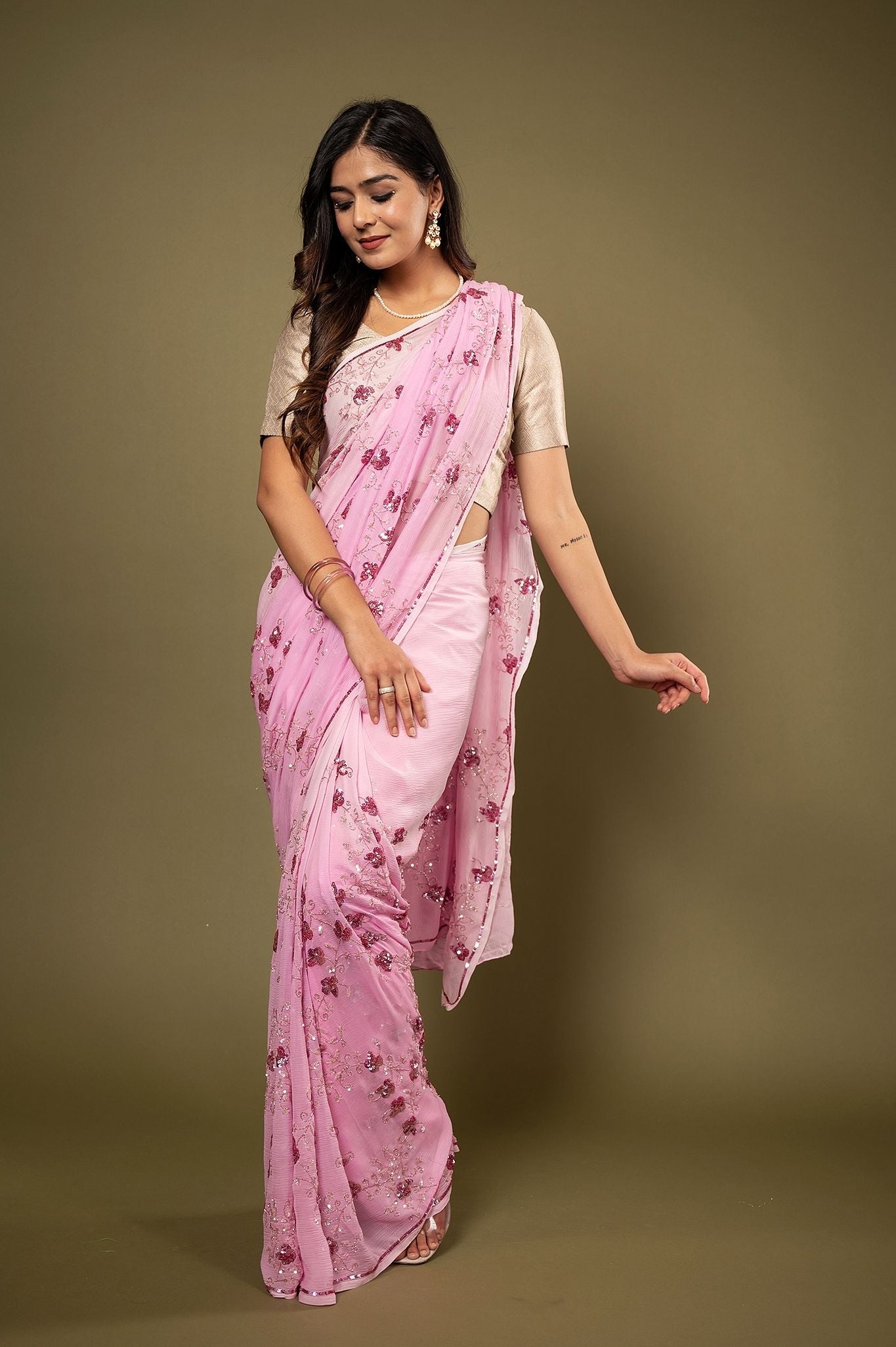 Pink light dark Pure Chiffon sequins  kardana jaal handwork saree