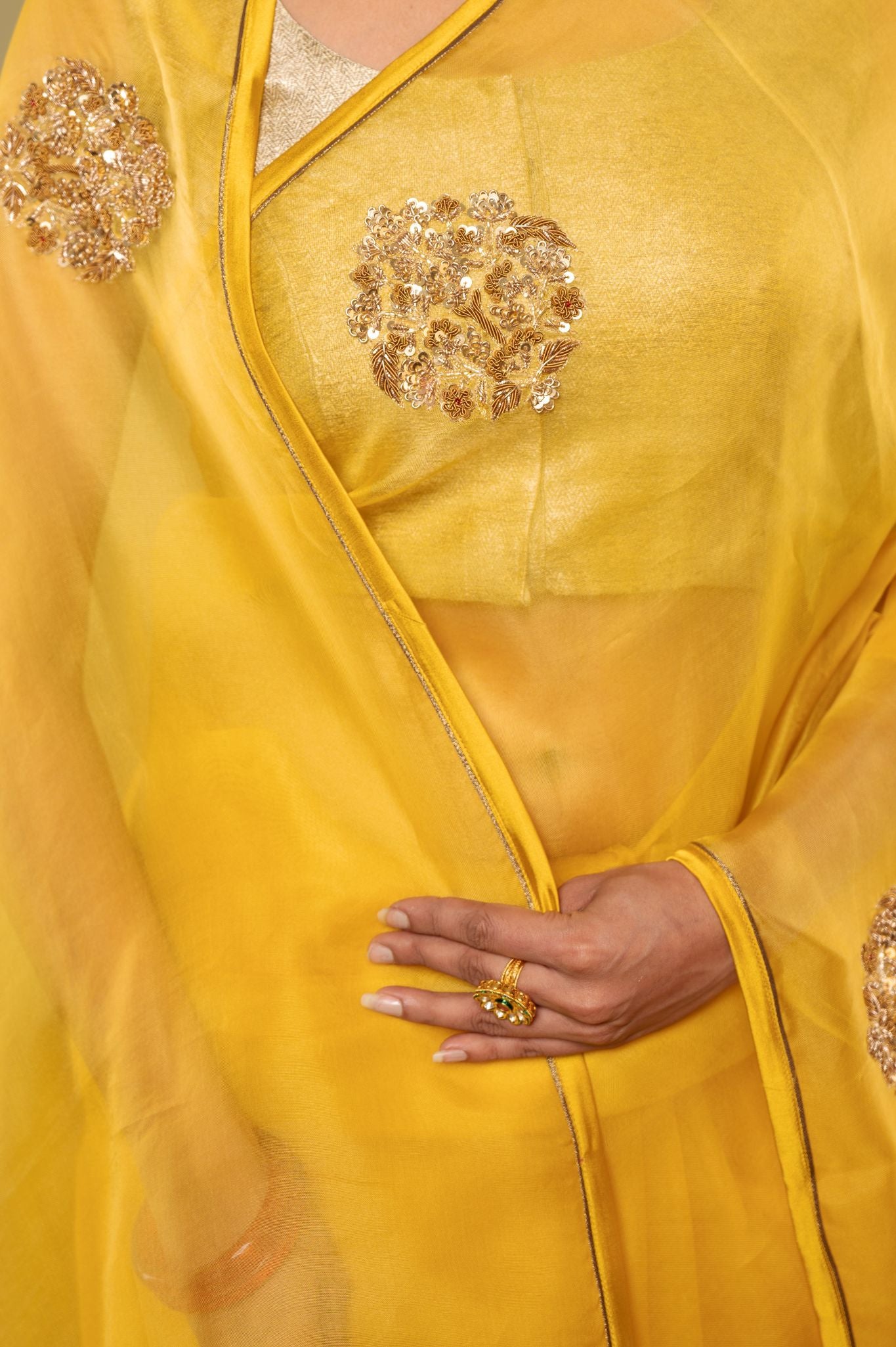 yellow Organza  Zardozi Motif handwork saree