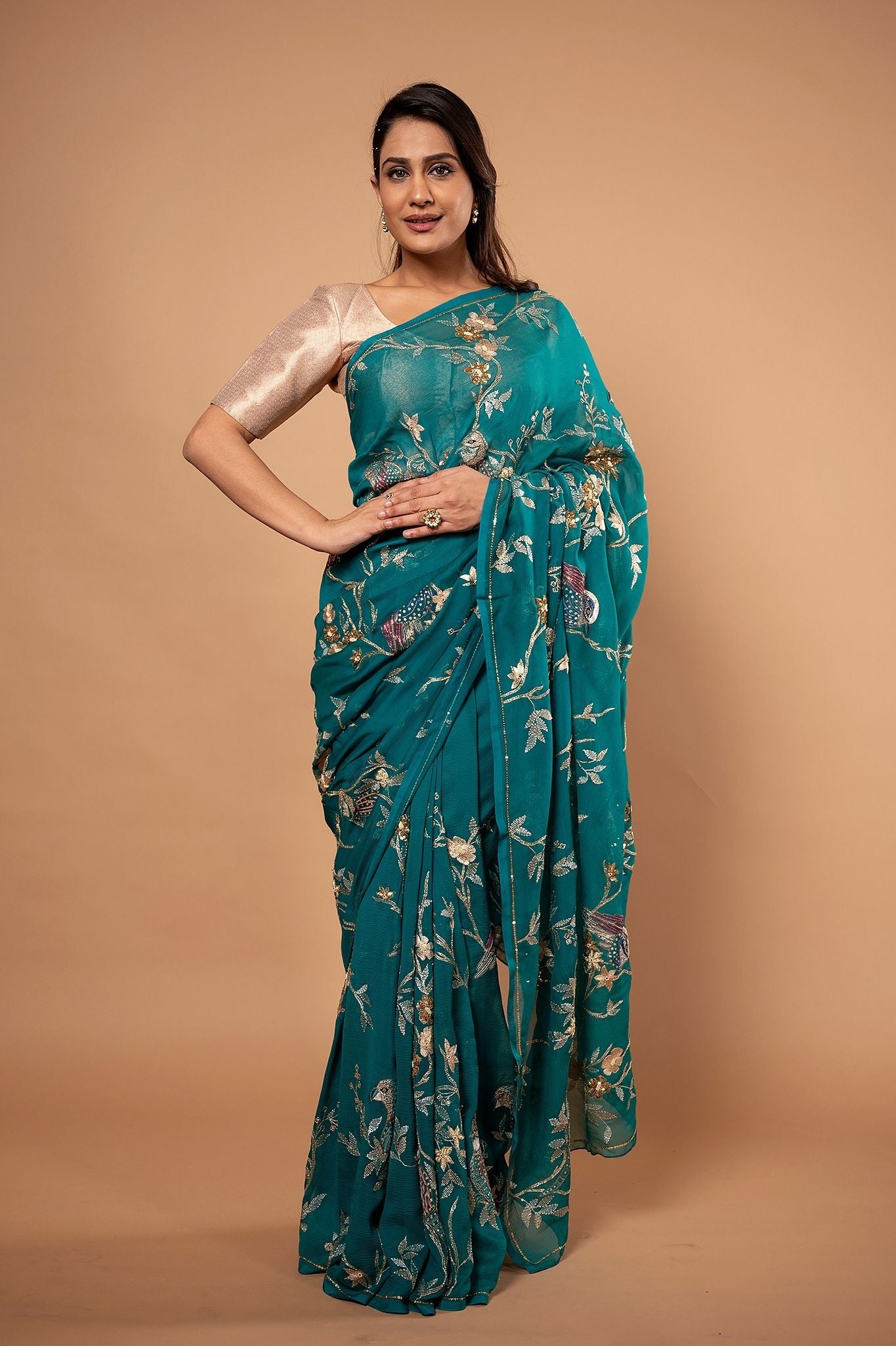 Rama pure chiffon aari sequnece zardozi resham jaal handwork saree