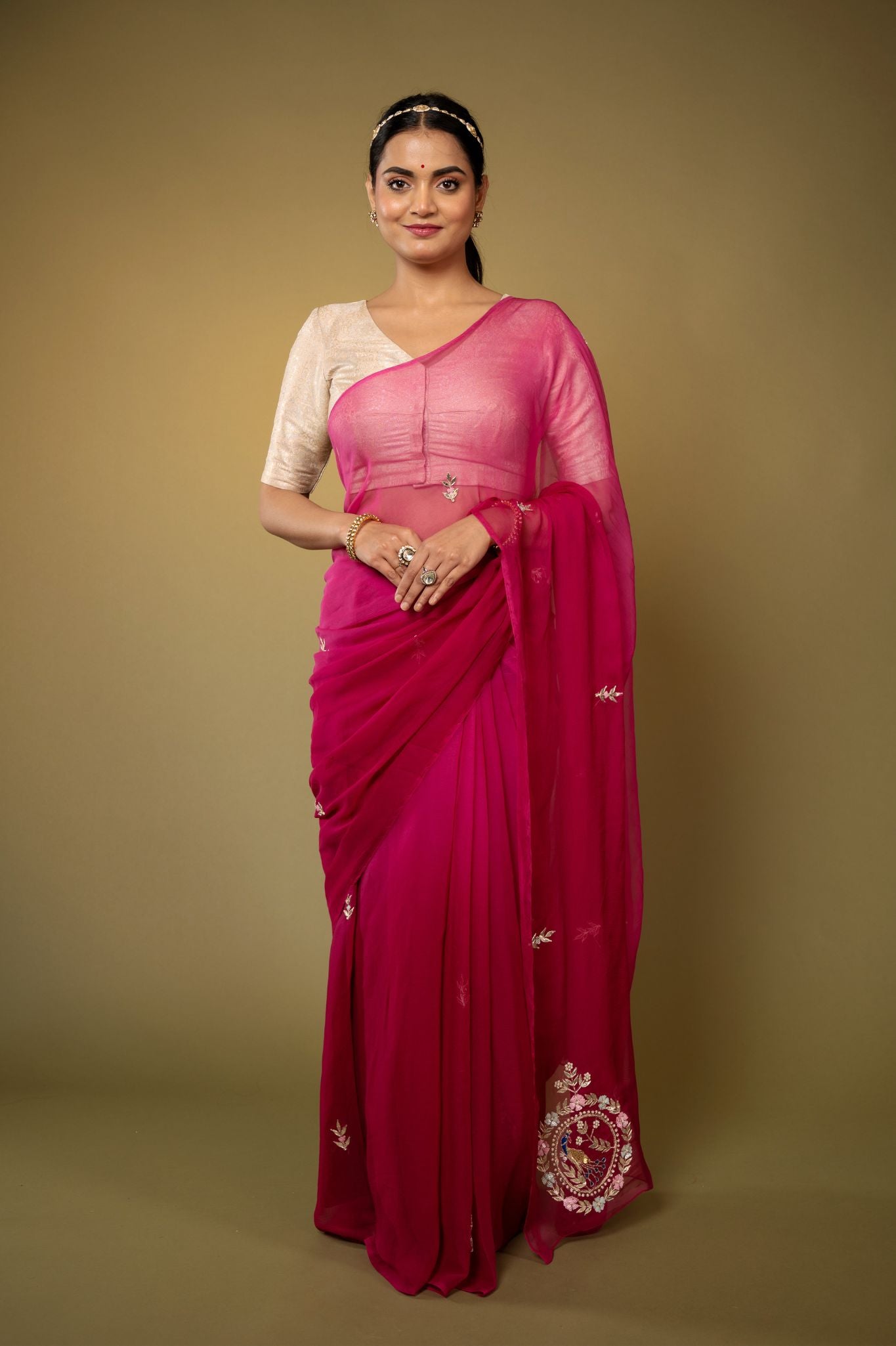 Wine viscose chiffon aari gota pati and sequins  motif handwork casual wear saree