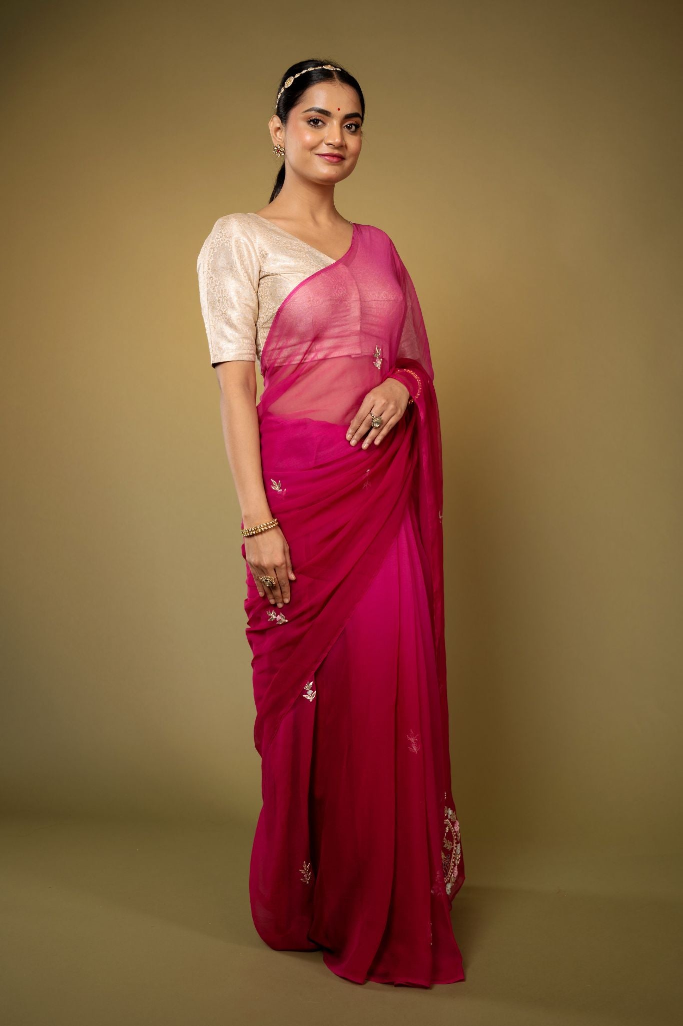 Wine viscose chiffon aari gota pati and sequins  motif handwork casual wear saree