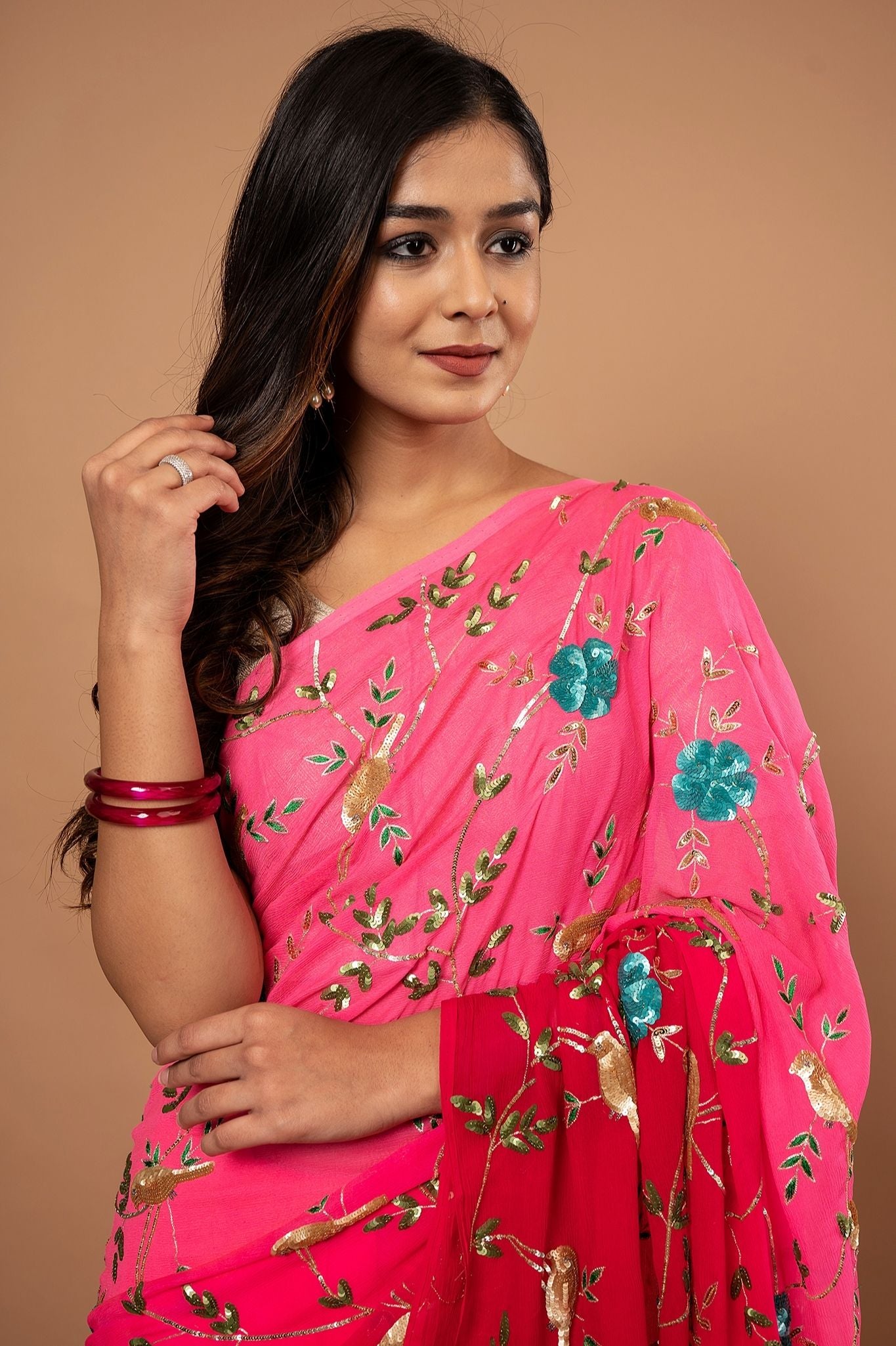 Gajri Pink light dark pure chiffon aari sequins  jaal handwork saree