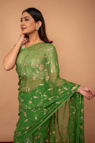 Viscose Chiffon Green Aari Siquin Butta Saree