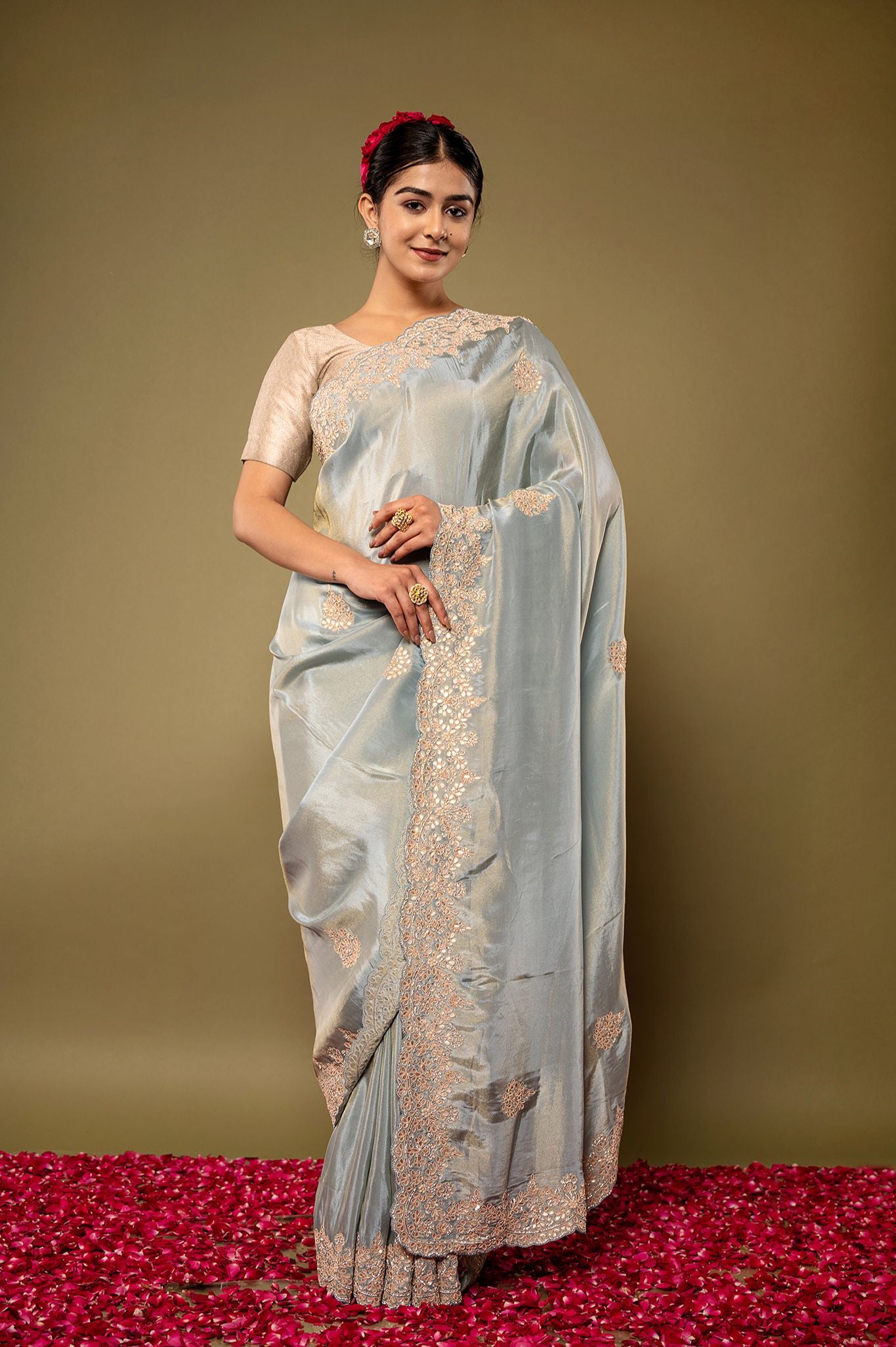 light grey Pure Tissue Resham Gotta pati borderbutti handwork party wear saree