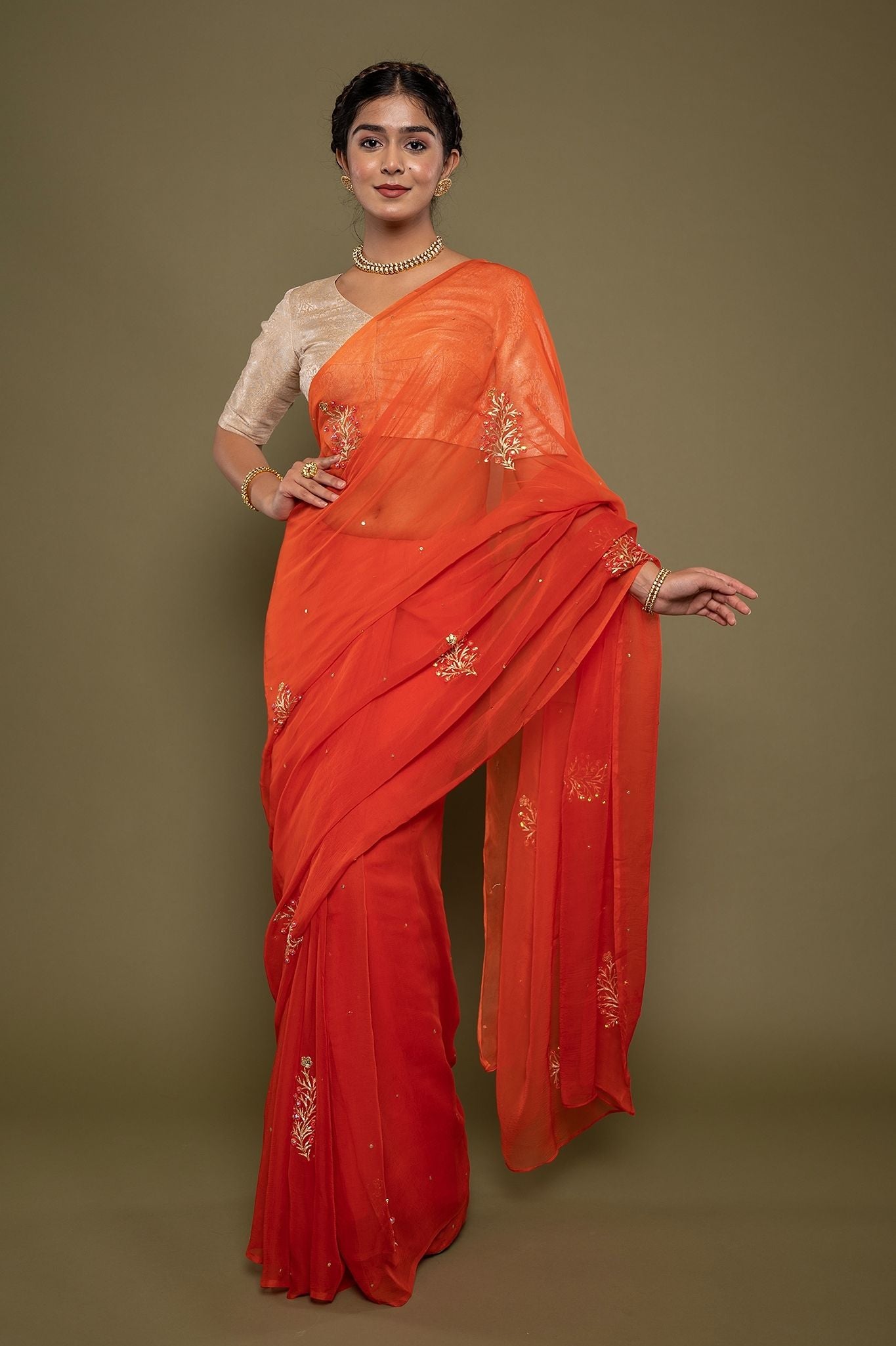 orange viscose chiffon aari sequns handwork saree