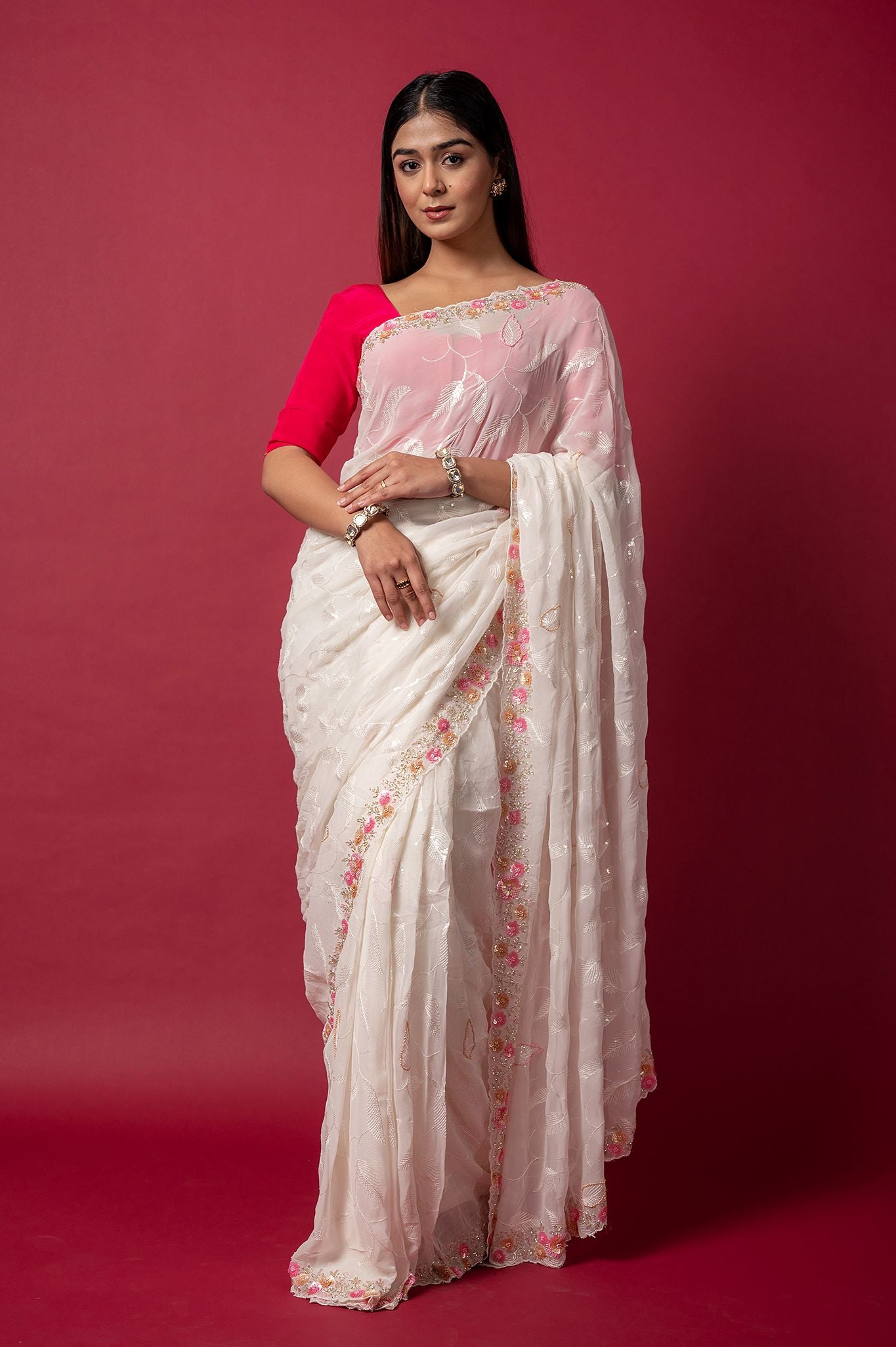 white organza  sequins kardana handwork saree