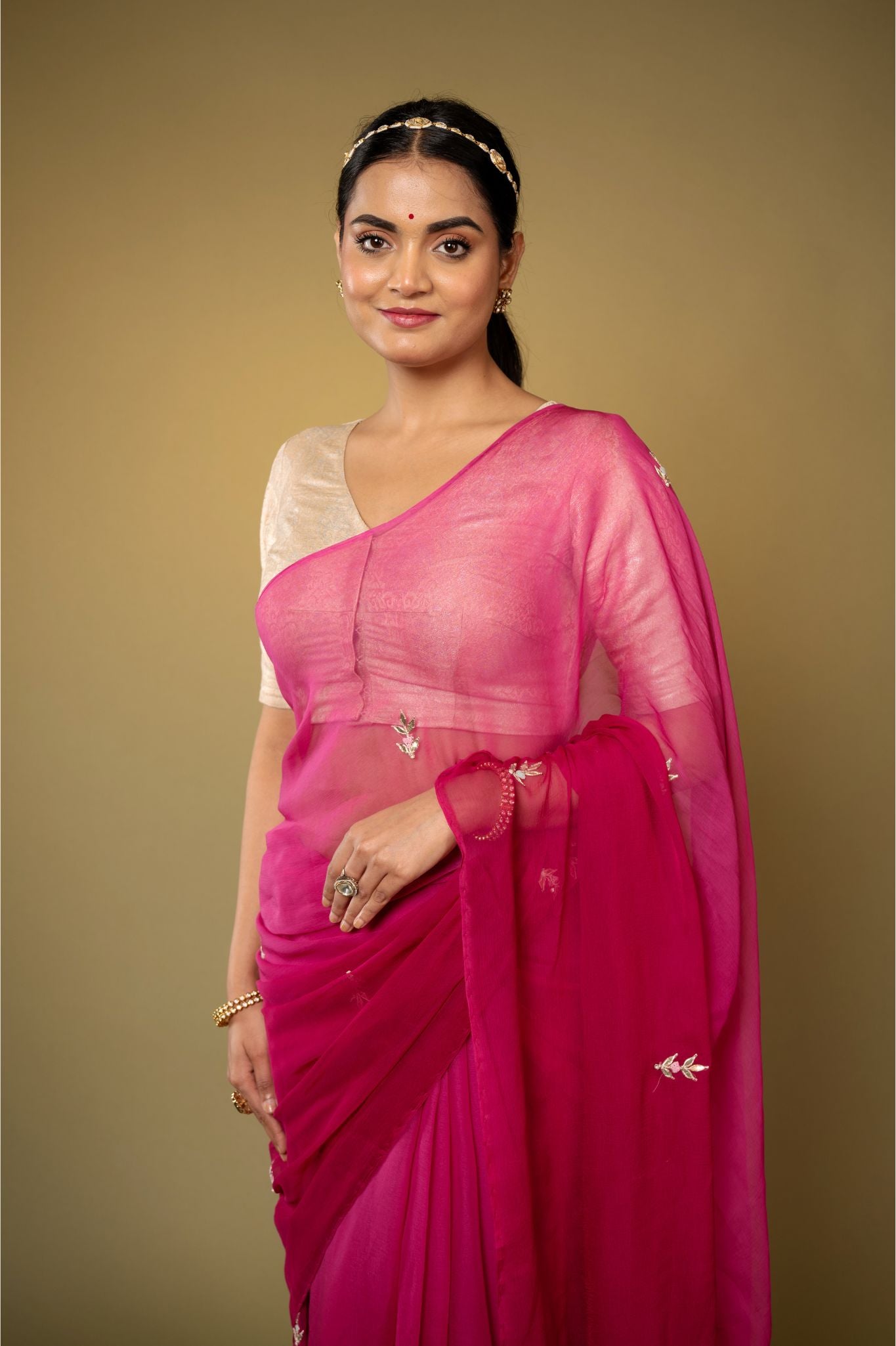 Wine viscose chiffon aari gota pati and sequins  motif handwork casual wear saree