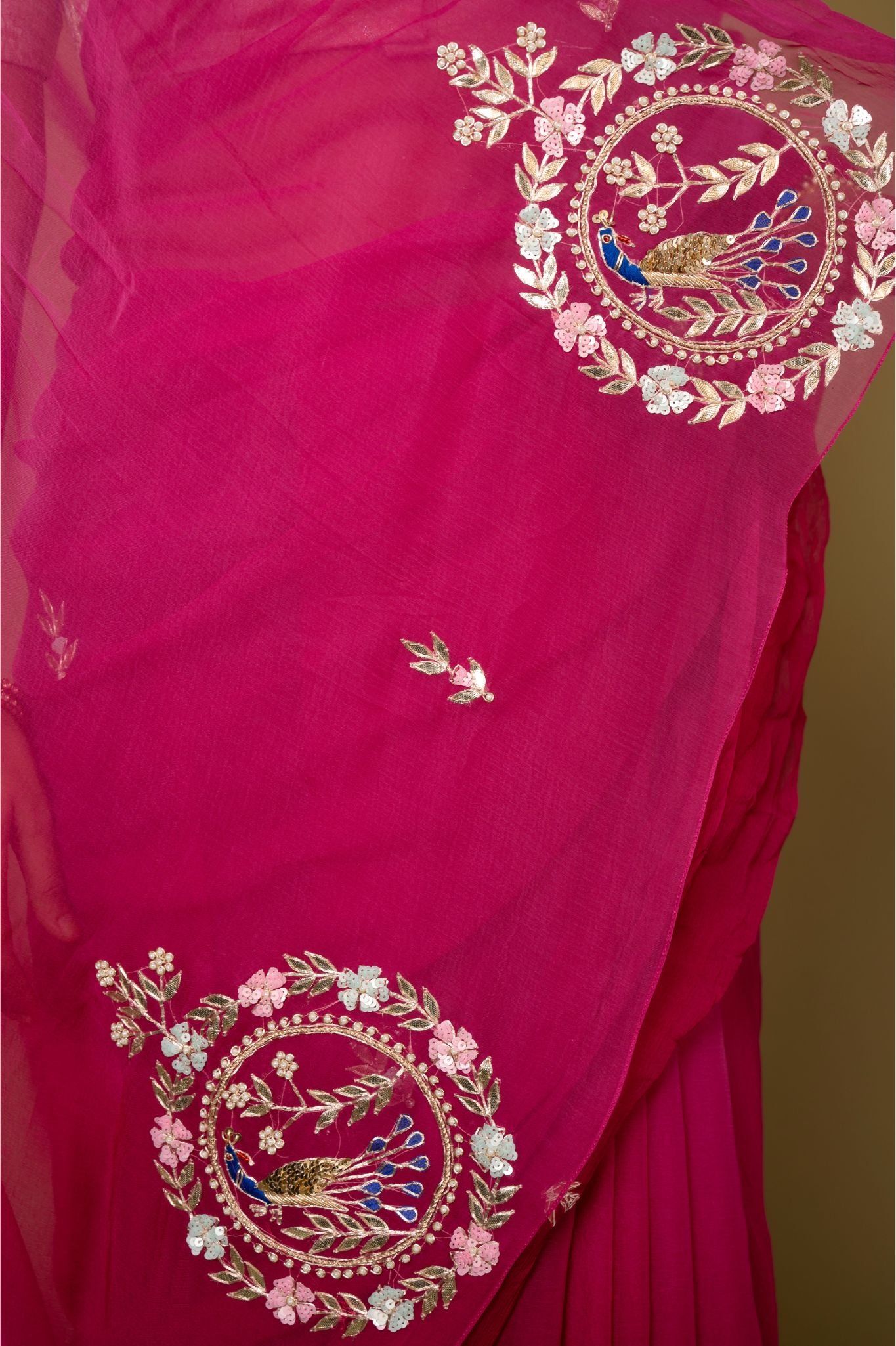 Wine viscose chiffon aari gota pati and sequins  motif handwork casual wear saree