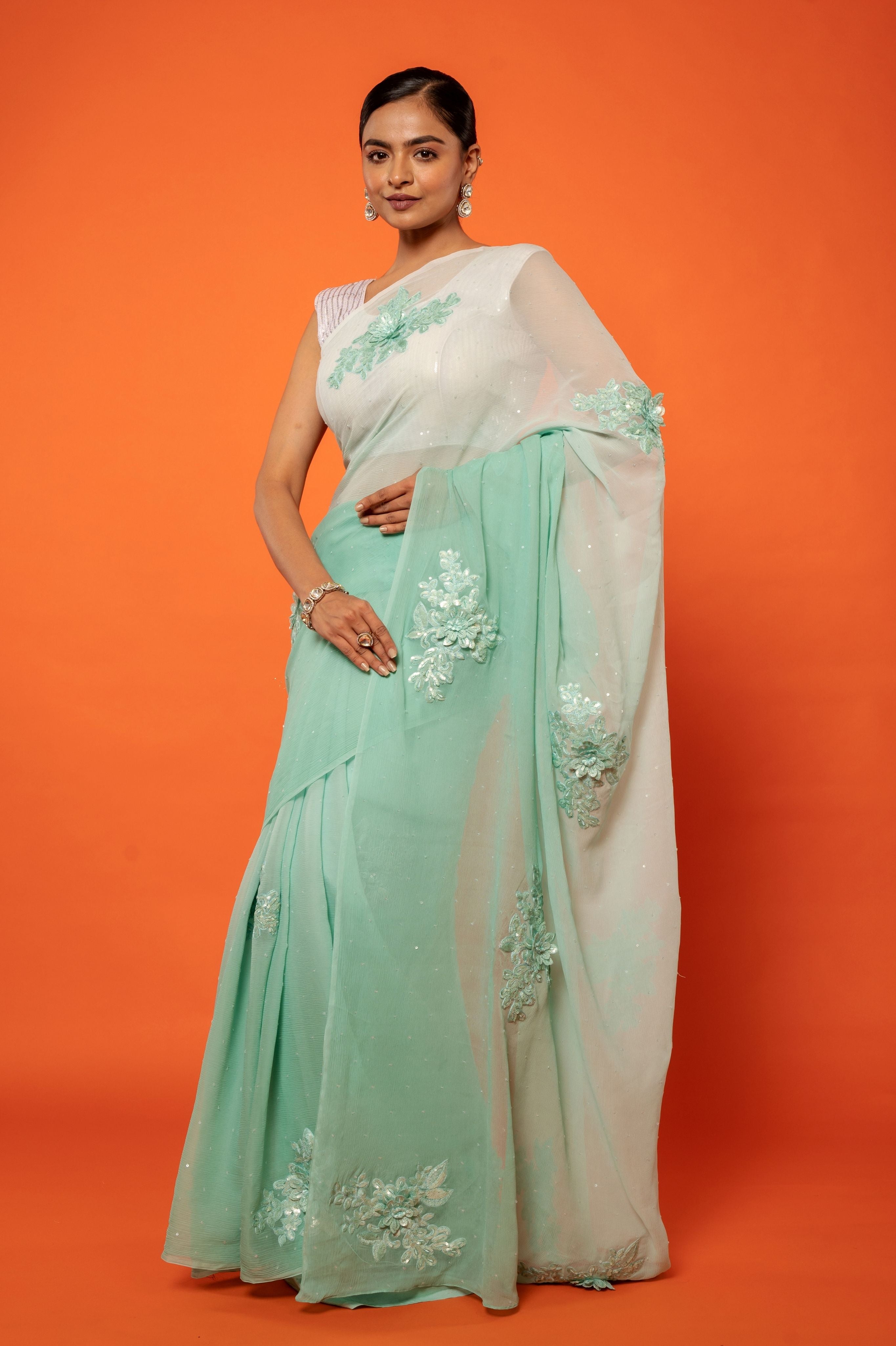 Sea Green pure chiffon resham sequins  motif handwork saree