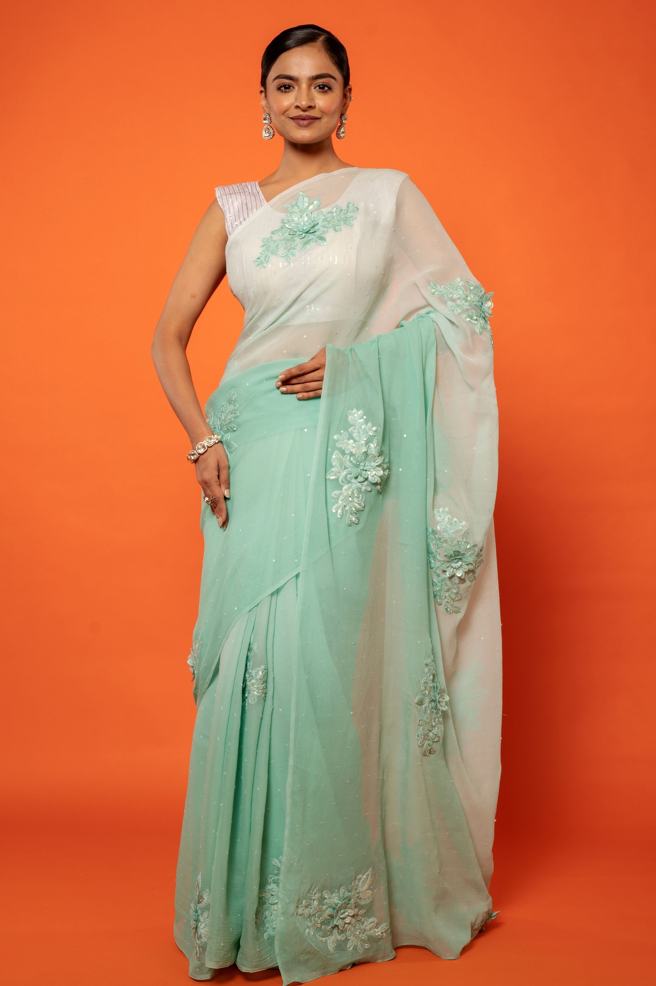 Sea Green pure chiffon resham sequins  motif handwork saree