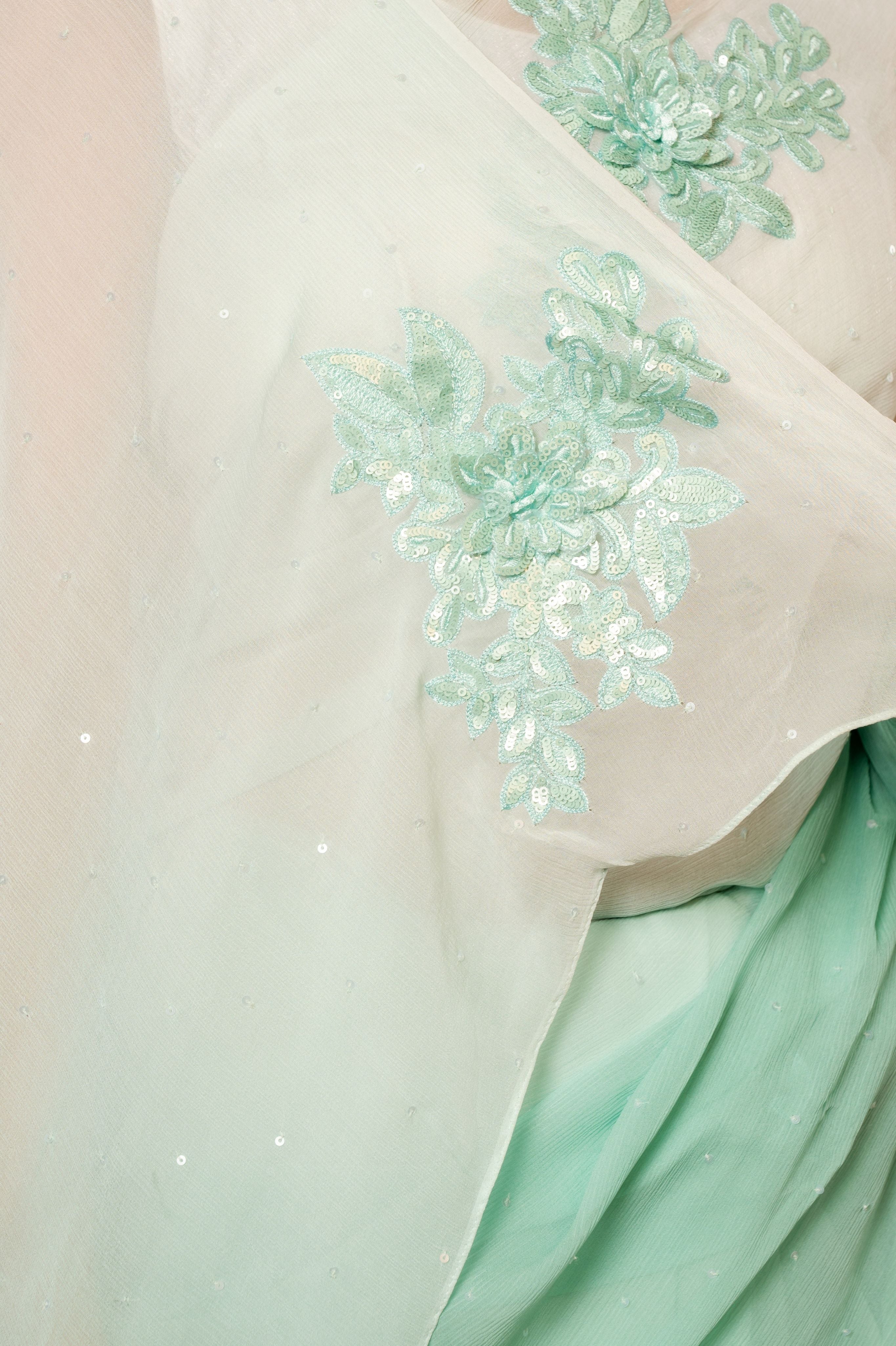 Sea Green pure chiffon resham sequins  motif handwork saree