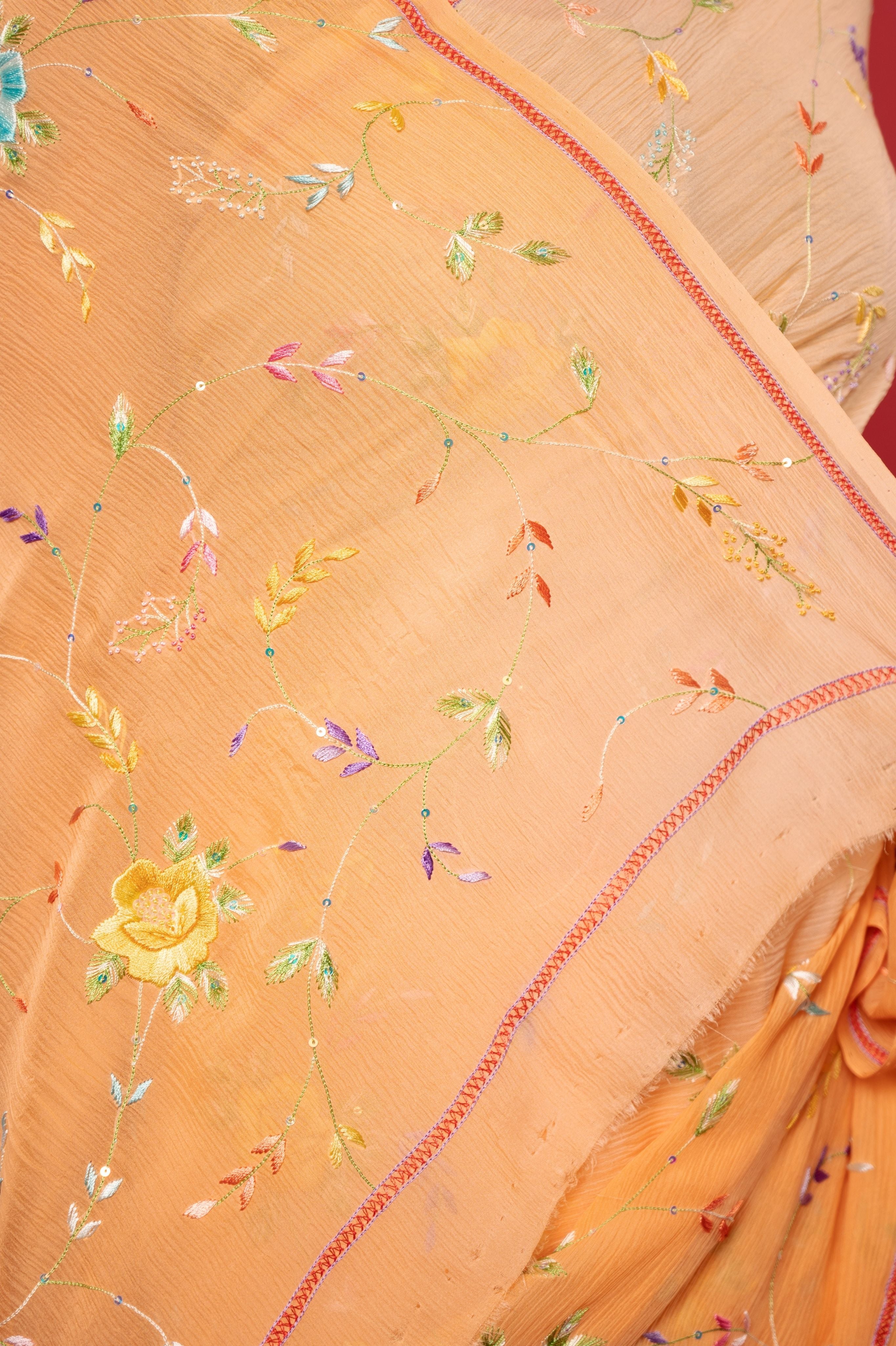 Peach ligh dark pure chiffon resham embroidery jaal handwork saree