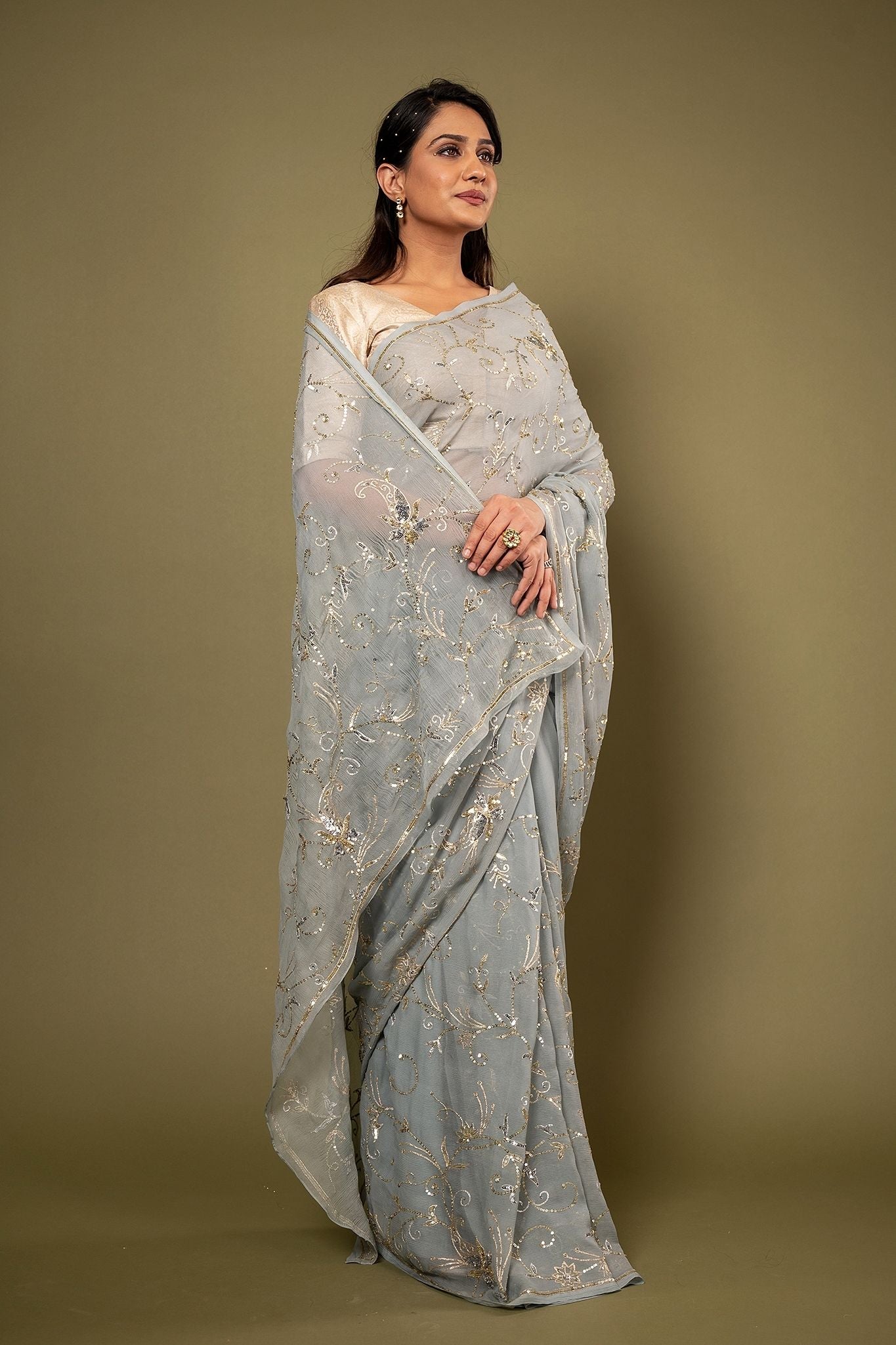 Grey Pure Chiffon aari sequins  jaal handwork saree
