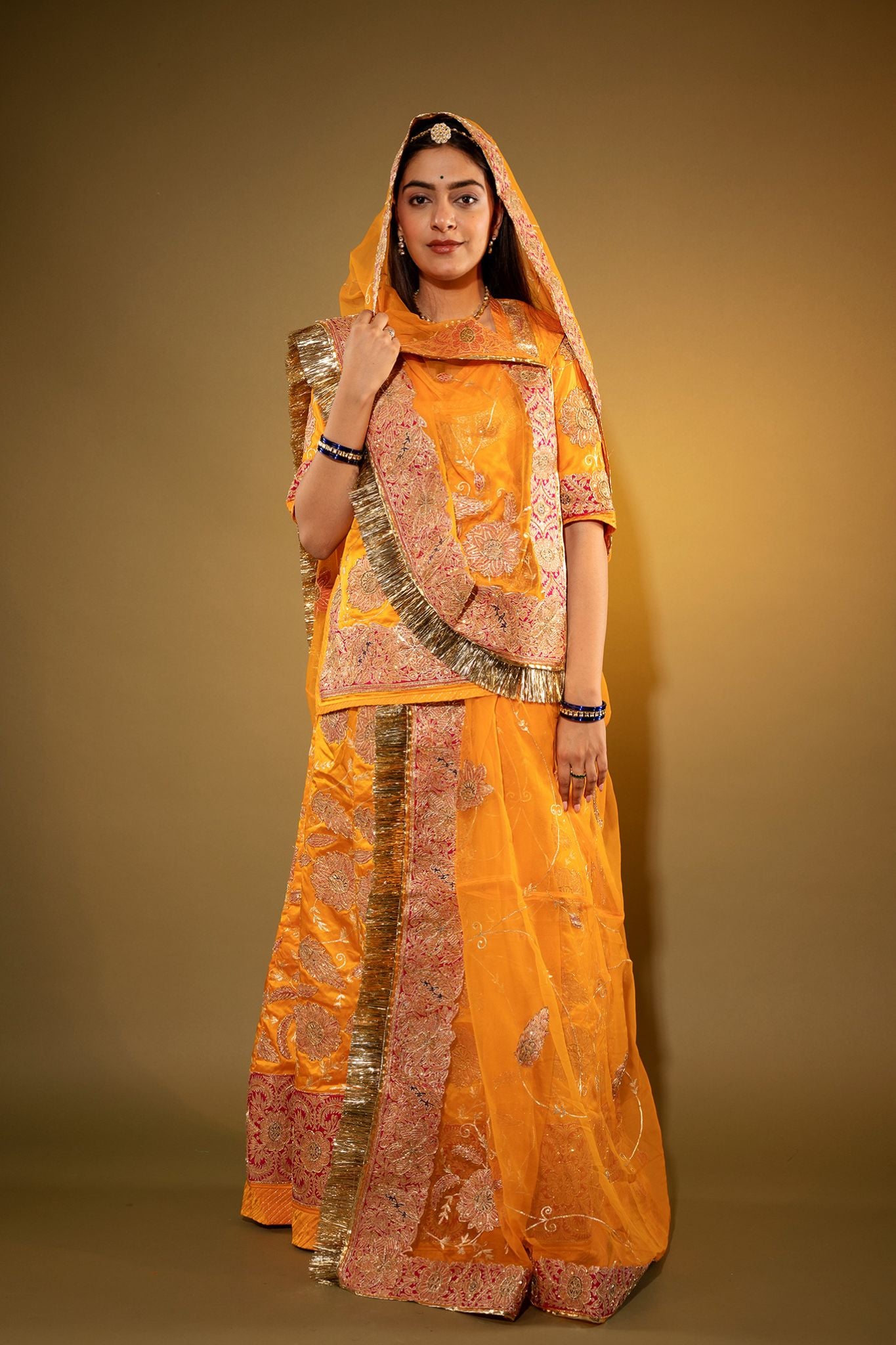 kesariya  Pure Silk Satin chanderi handwork rajputi Poshak  with Pure odhna