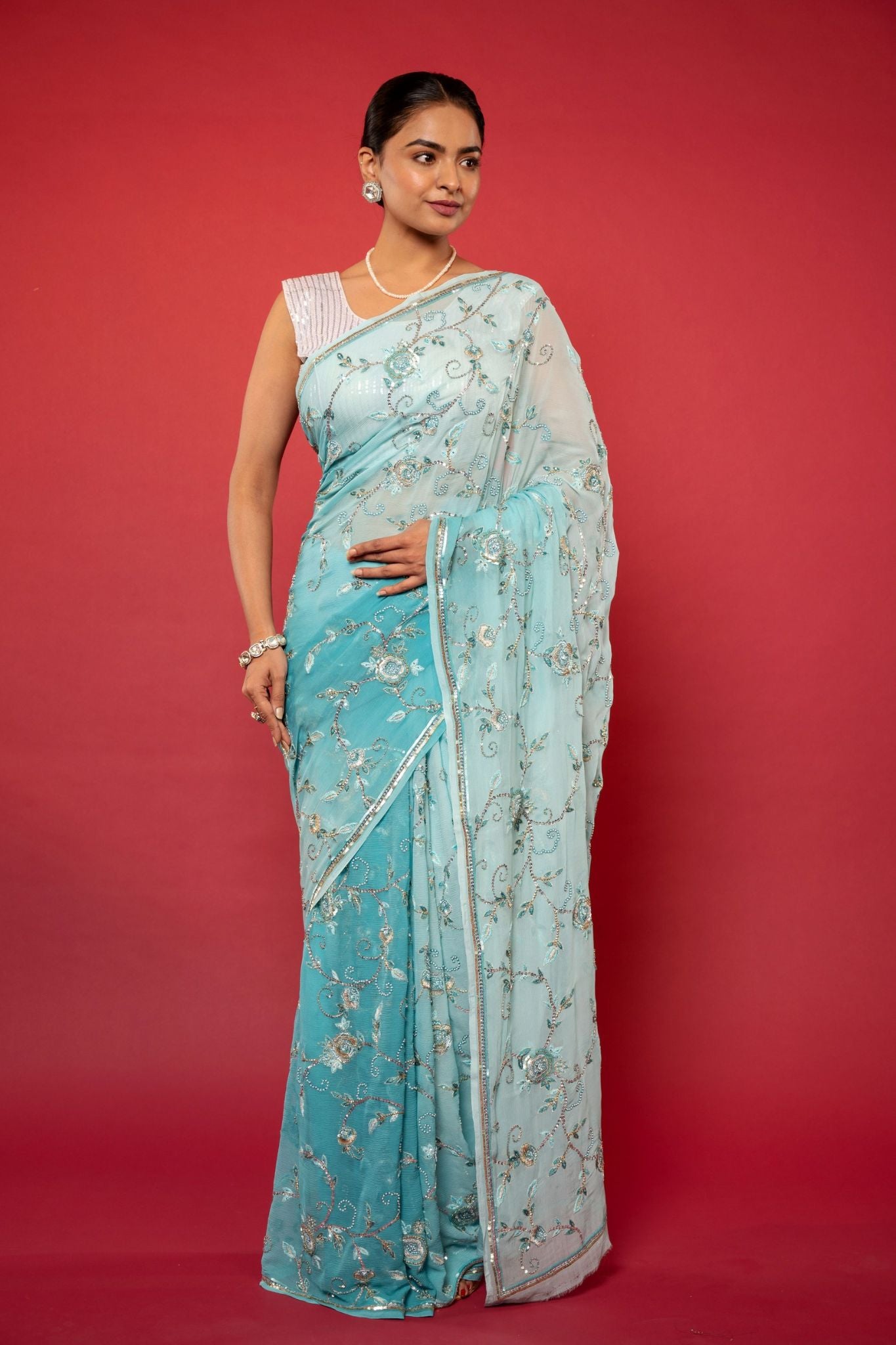Sky blue light dark pure chiffon Aari sequins  resham pearl work handwork saree