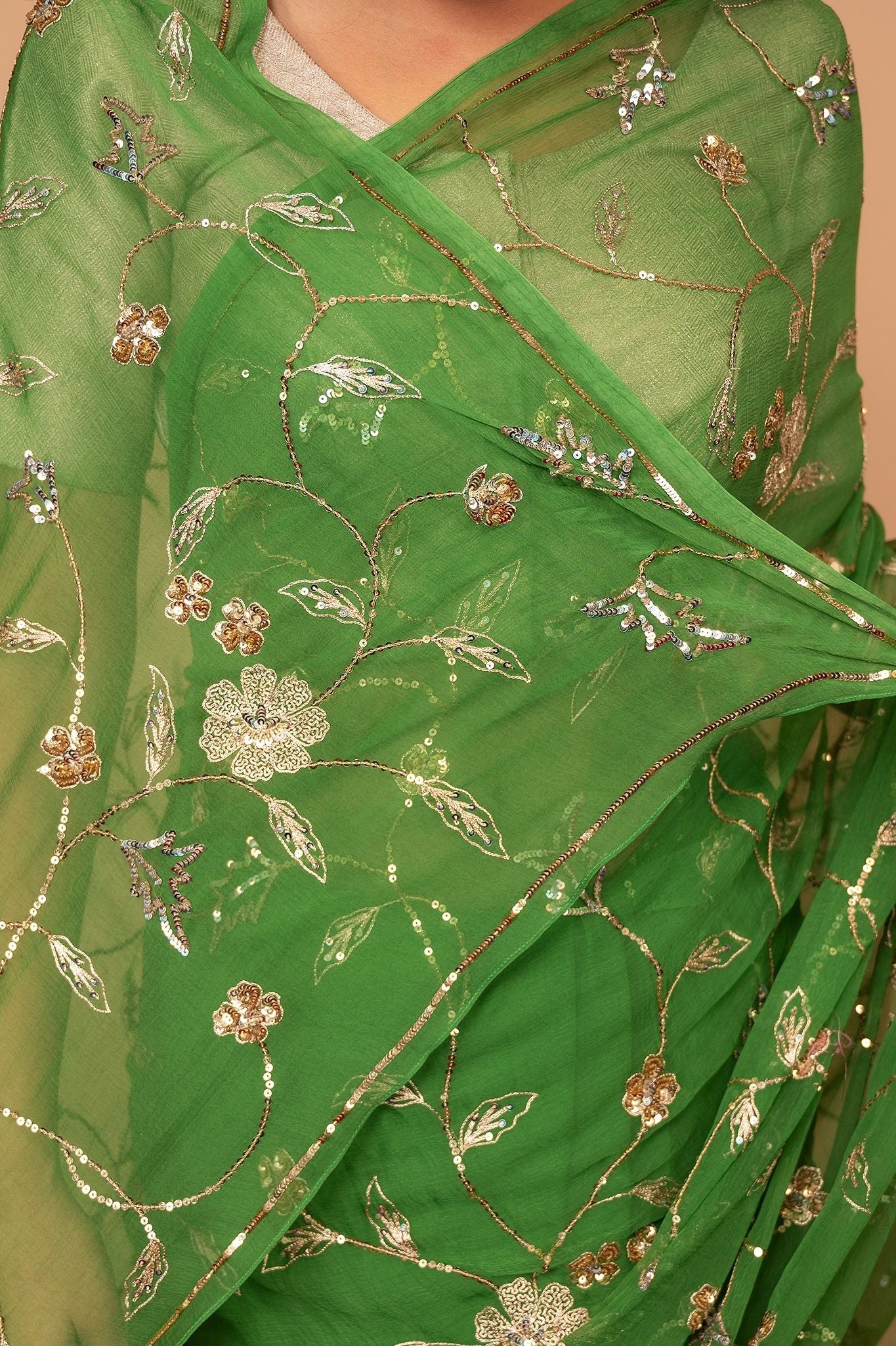 Green Viscose Chiffon Aari sequins  Jaal handwork party wear Saree