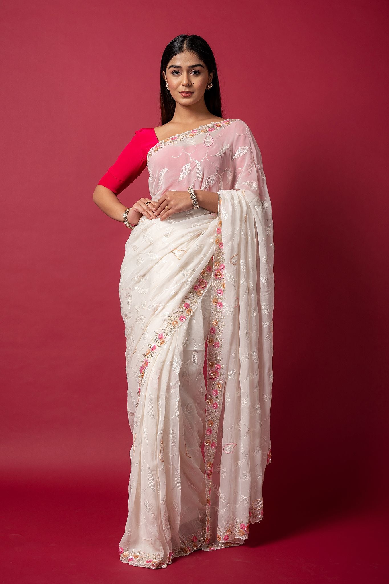 white organza  sequins kardana handwork saree