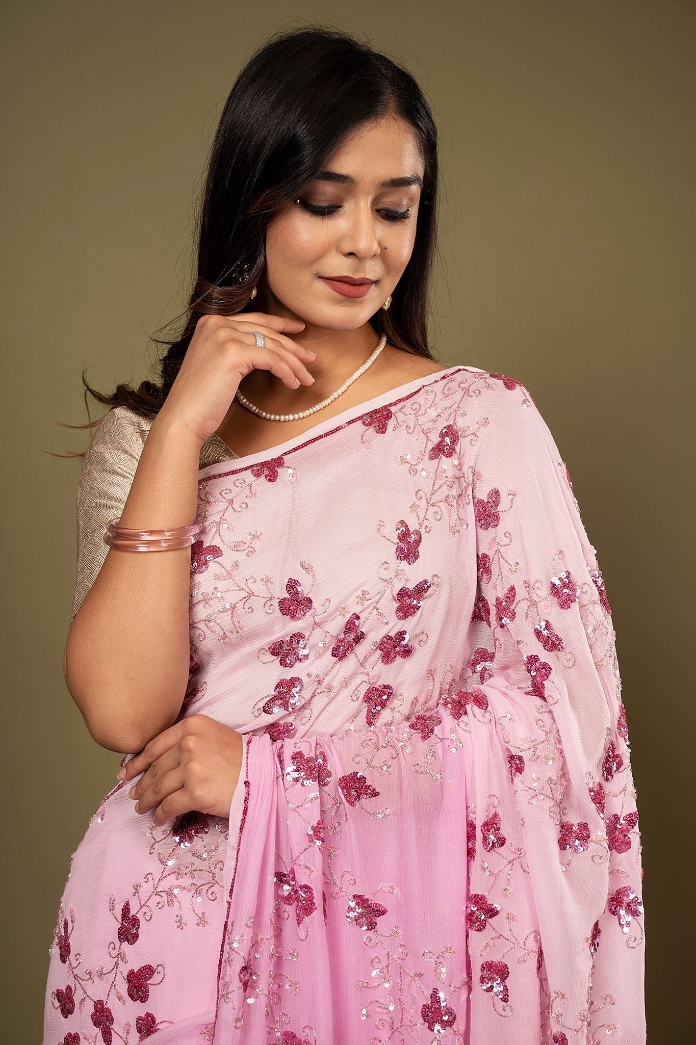 Pink light dark Pure Chiffon sequins  kardana jaal handwork saree