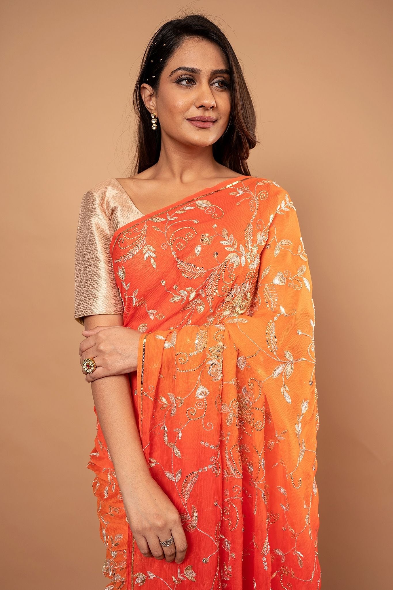 Orange light dark pure chiffon aari sequins  zardozi jaal handwork saree