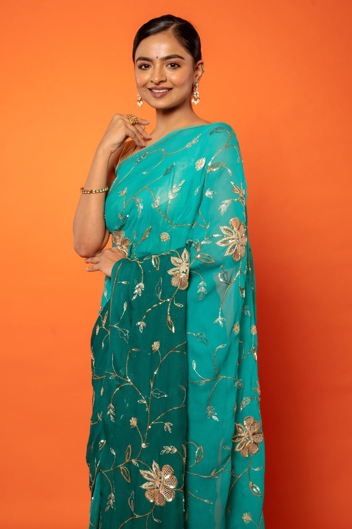 Rama green pure chiffon aari sequins  jaal  handwork saree