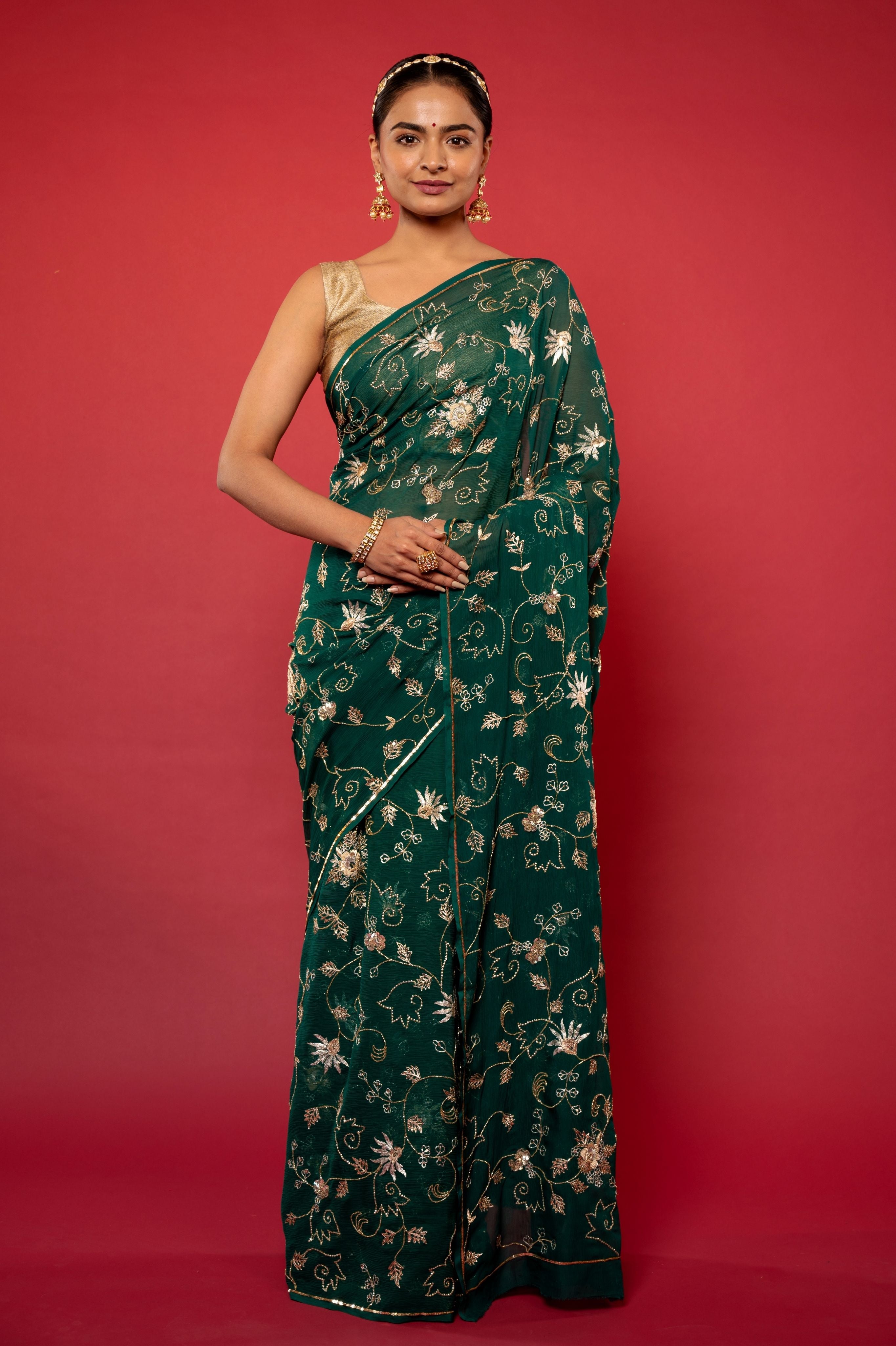 Bottle Green pure chiffon aari sequins  jaal handwork saree