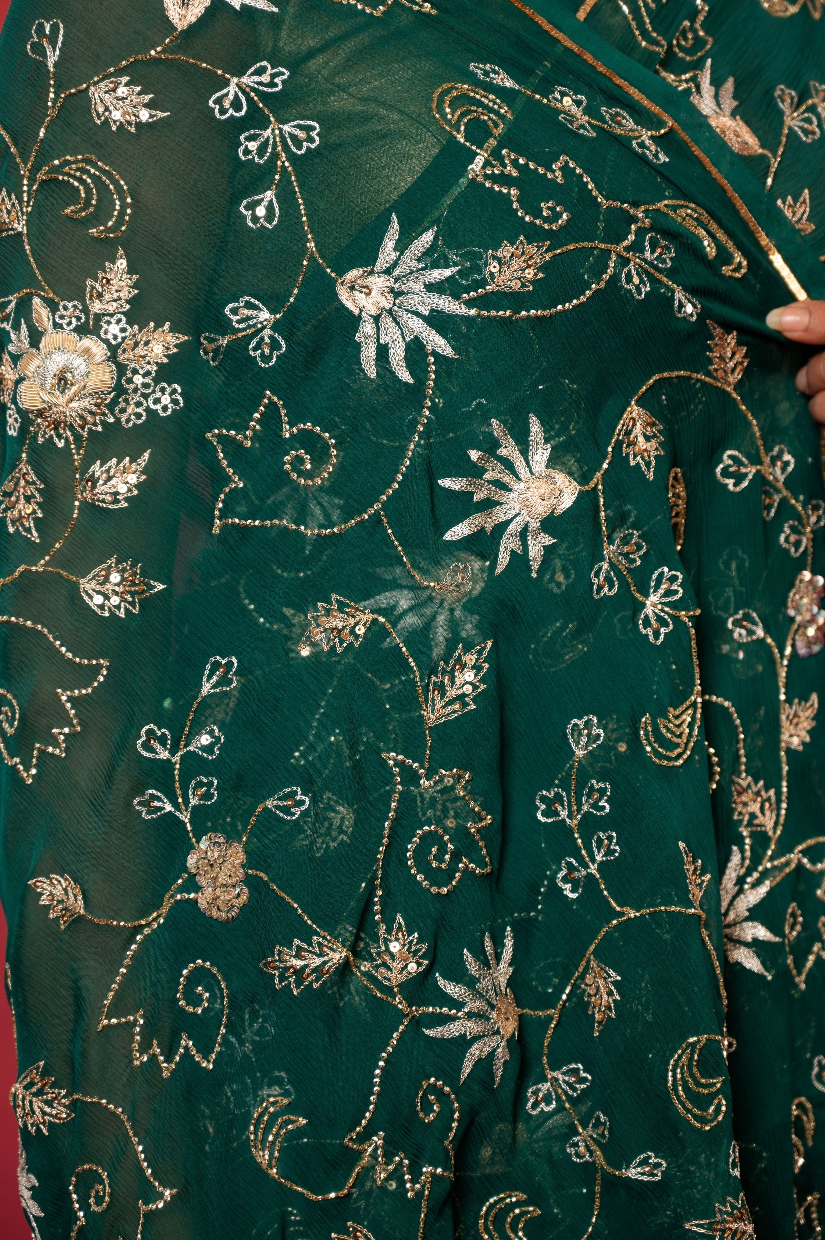 Bottle Green pure chiffon aari sequins  jaal handwork saree