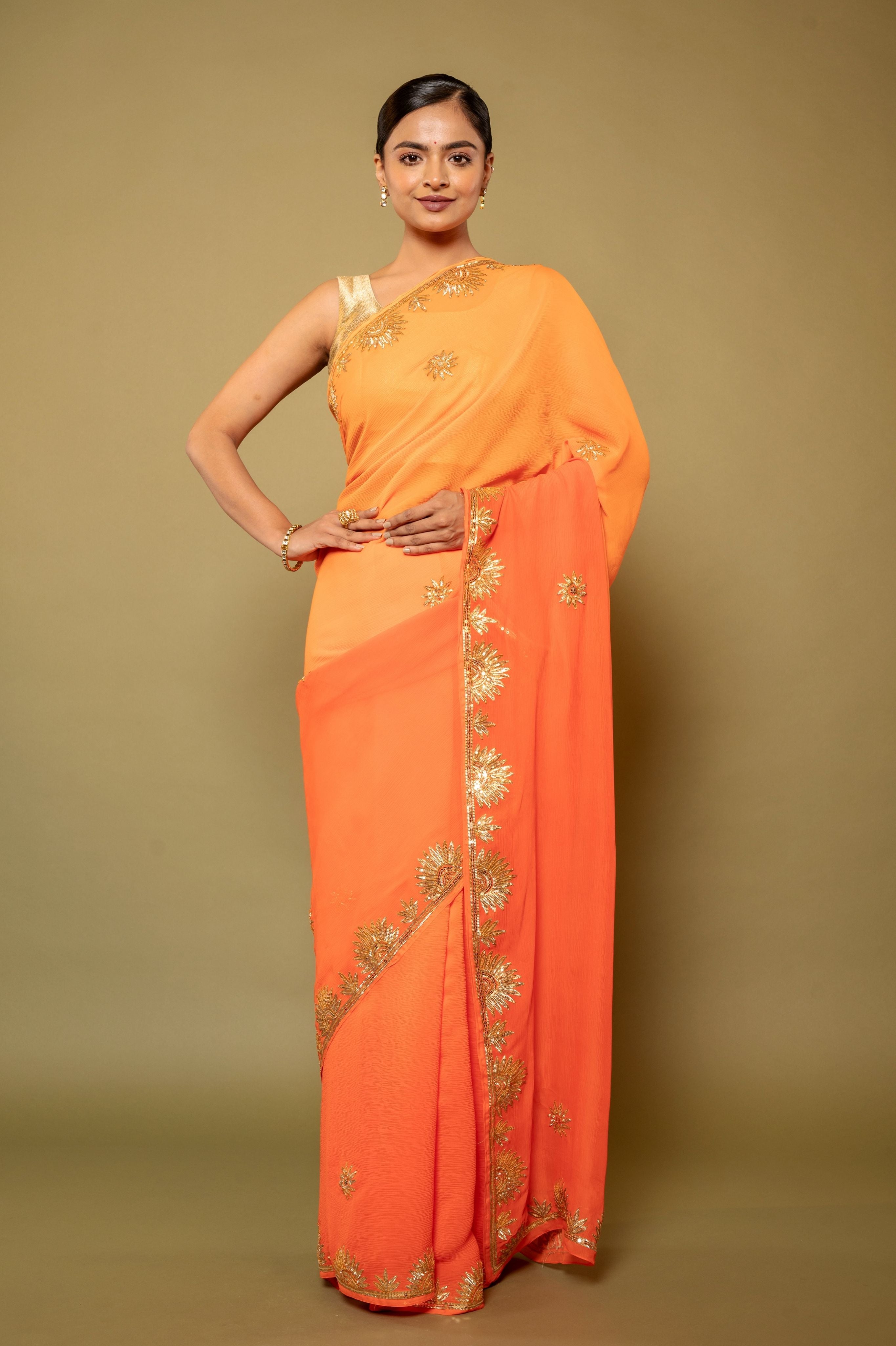 Orange light dark pure chiffon sikhiya gota border butti  handwork saree