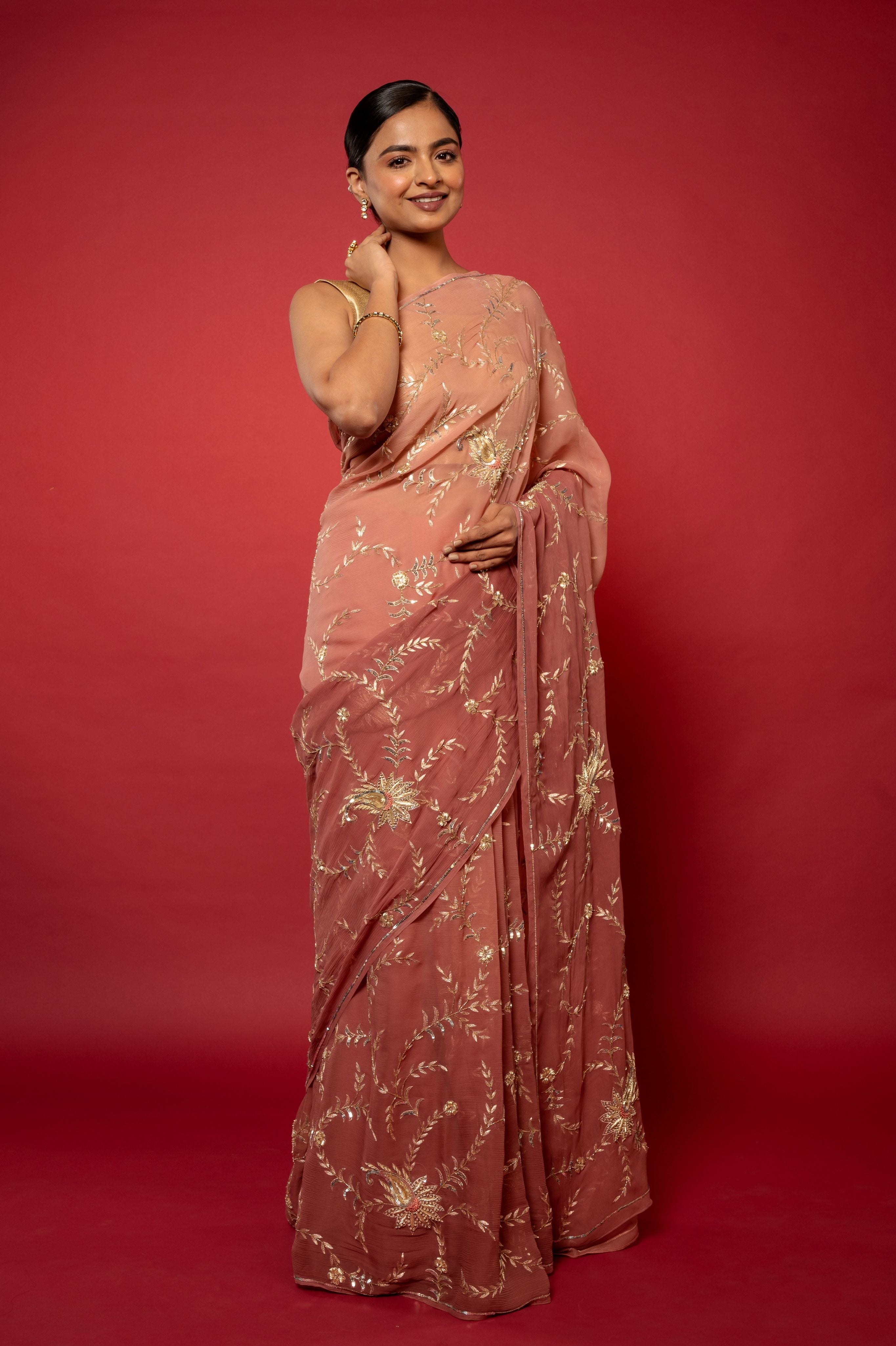 Choclate brown light dark Pure Chiffon aari zardozi sequins  jaal handwork saree