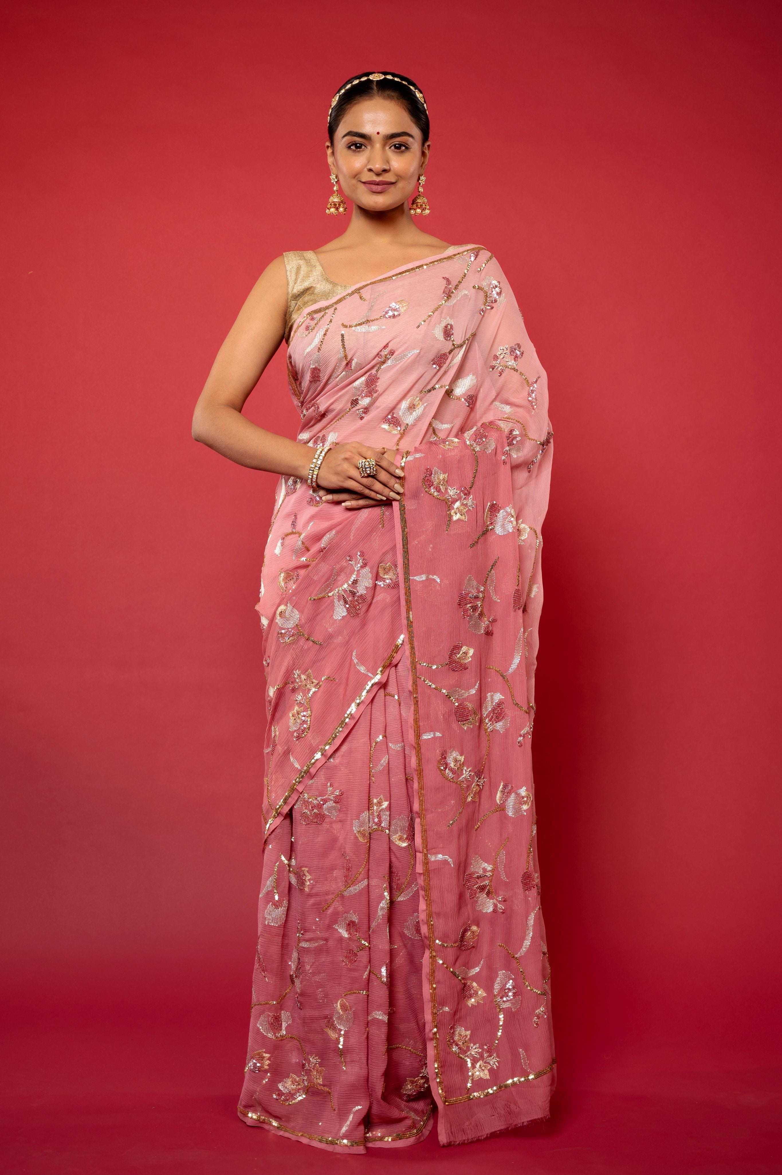Peach light dark Pure Chiffon aari sequins  jaal handwork saree