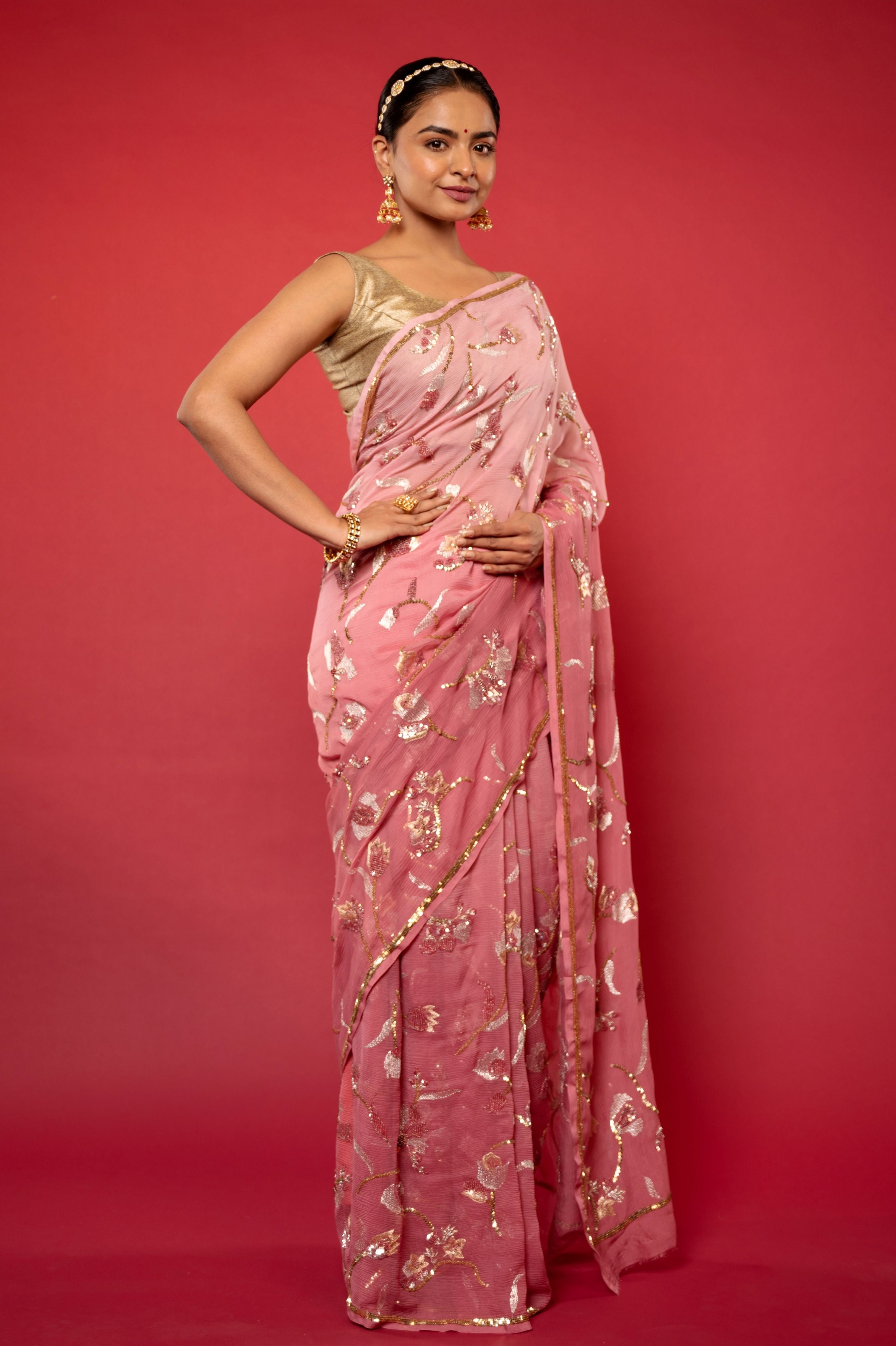 Peach light dark Pure Chiffon aari sequins  jaal handwork saree