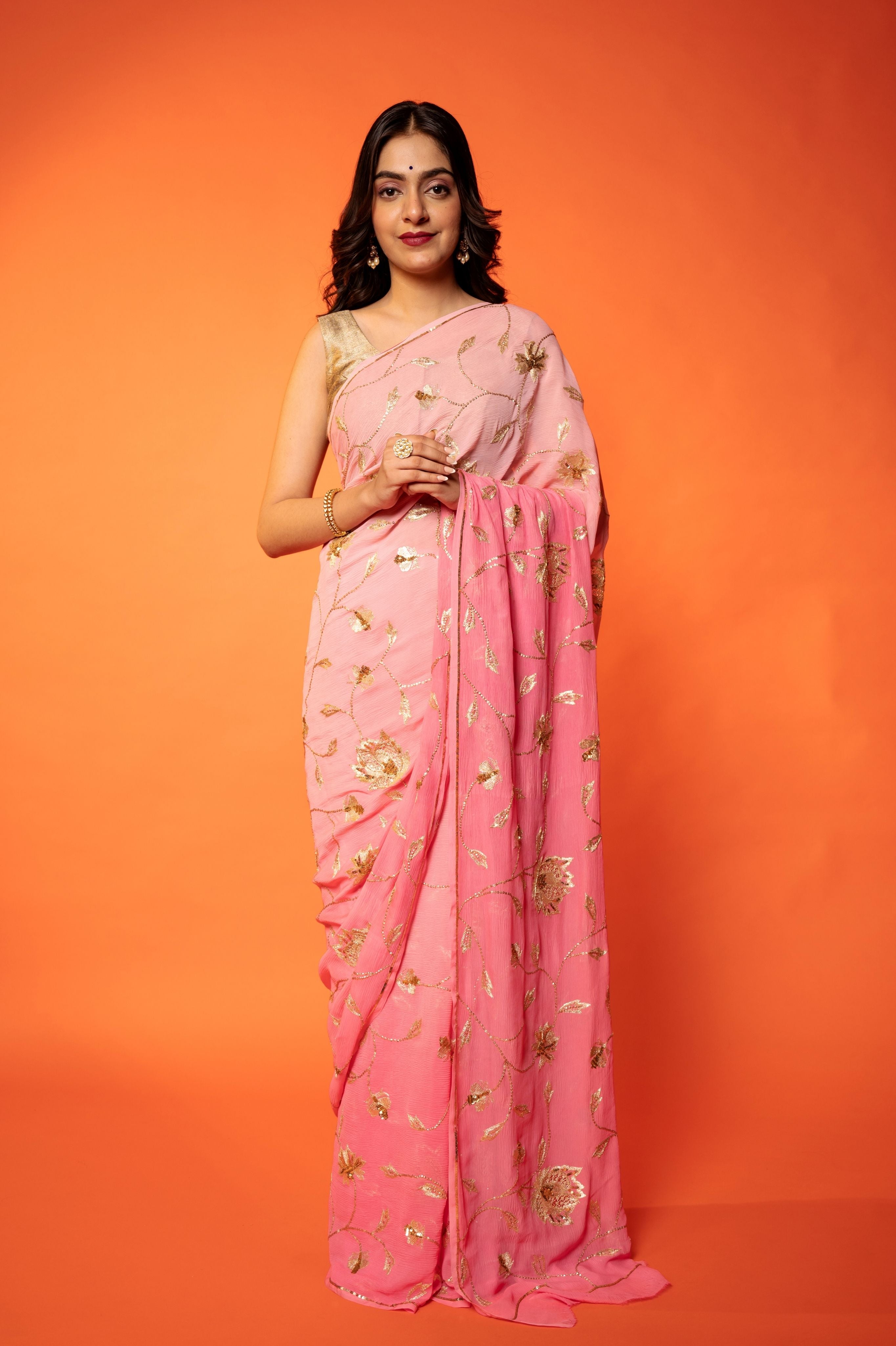 Pink light dark Pure Chiffon aari sequins  jaal handwork saree