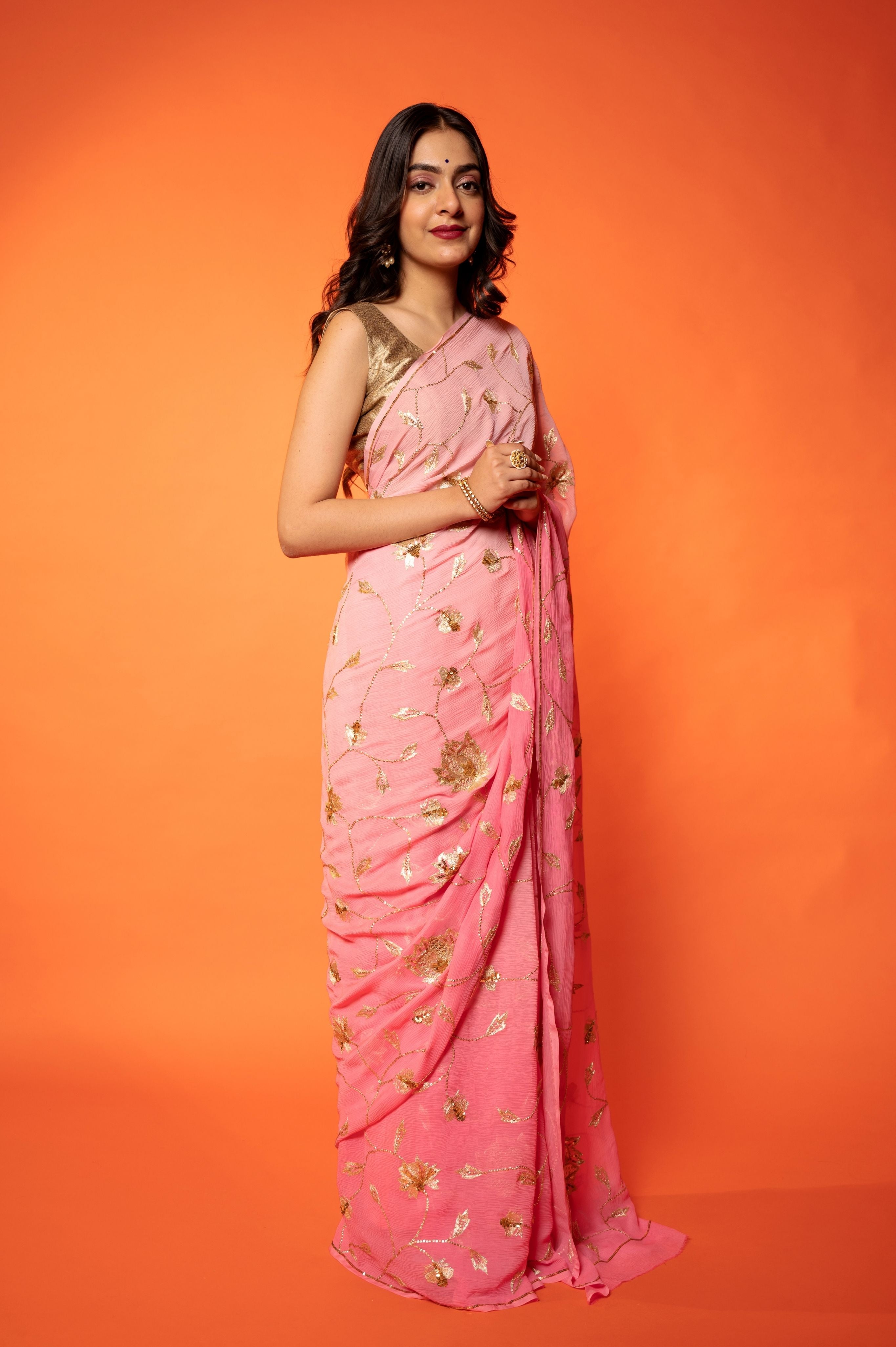 Pink light dark Pure Chiffon aari sequins  jaal handwork saree