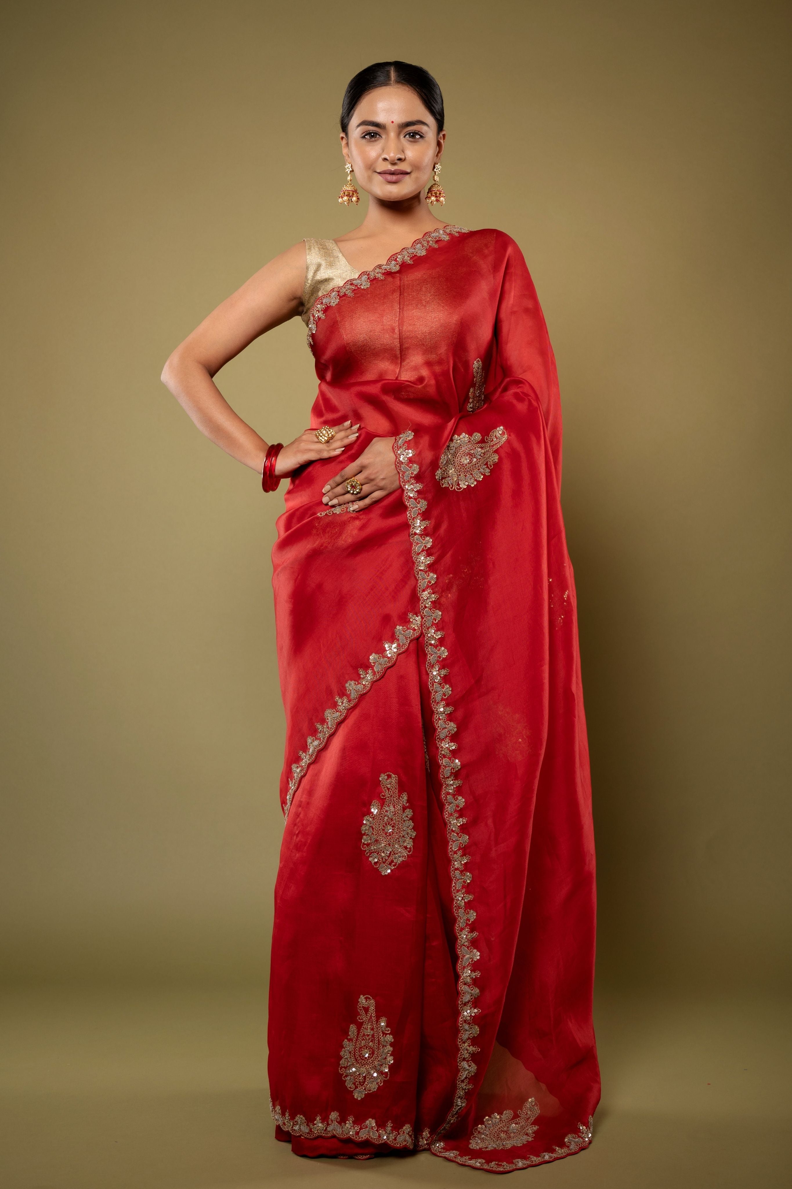 red Organza  zardozi border butti handwork saree