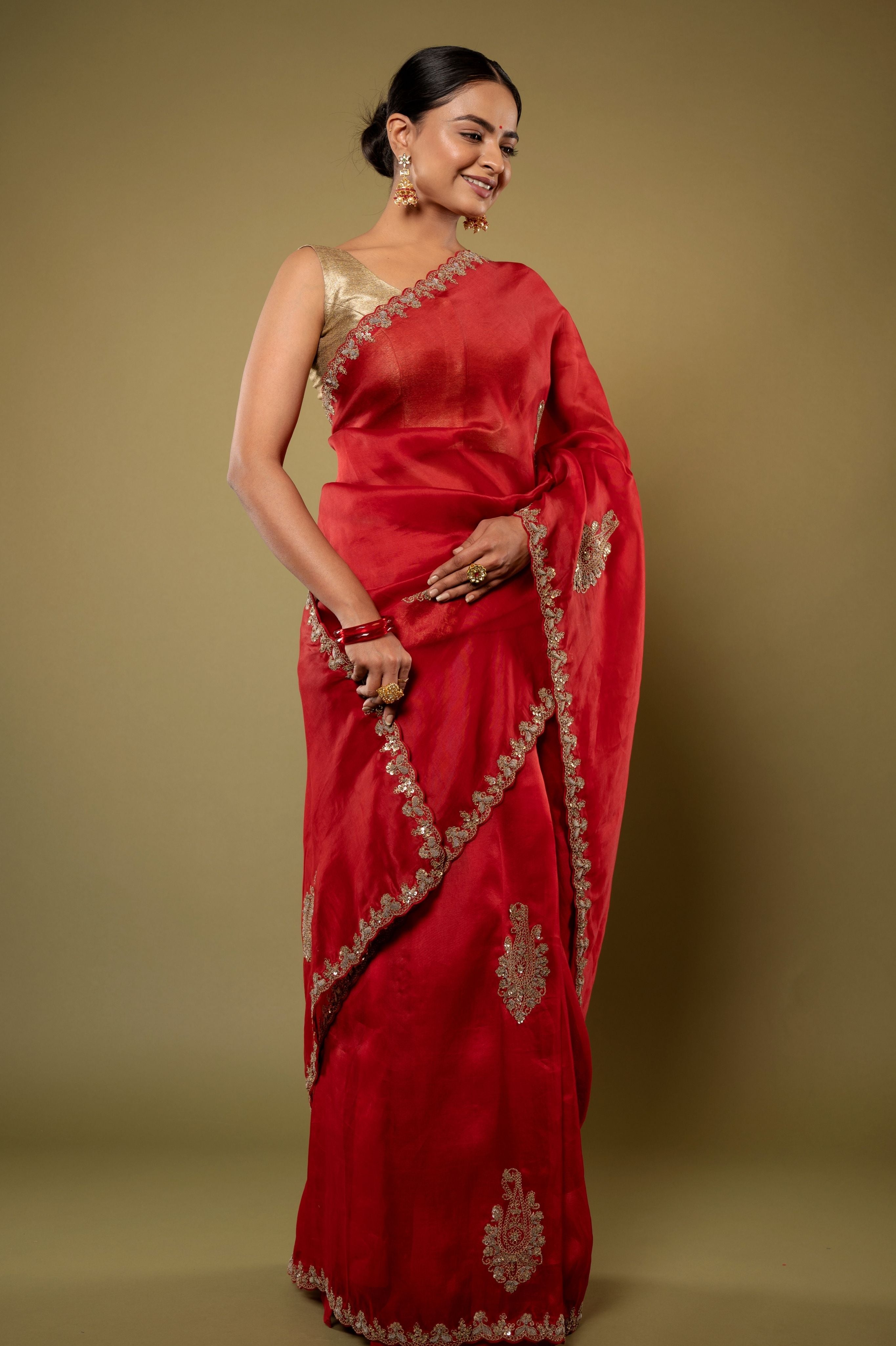 red Organza  zardozi border butti handwork saree