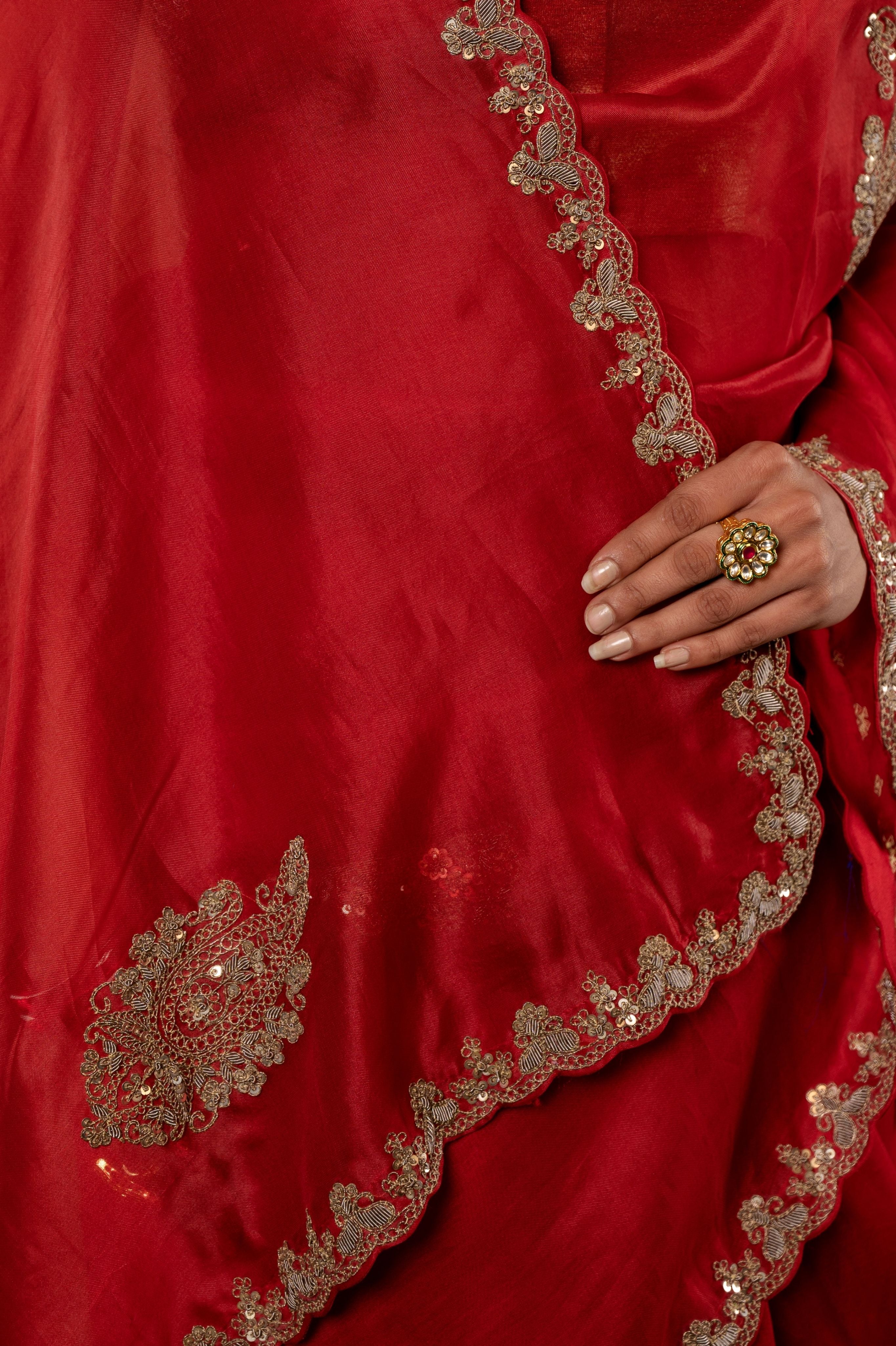 red Organza  zardozi border butti handwork saree