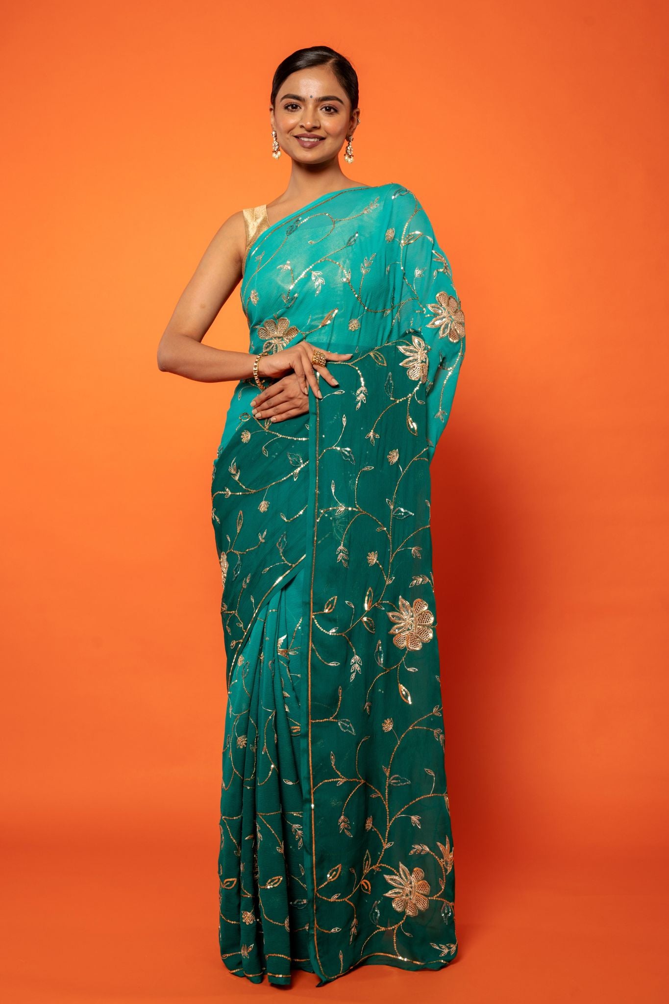 Rama green pure chiffon aari sequins  jaal  handwork saree