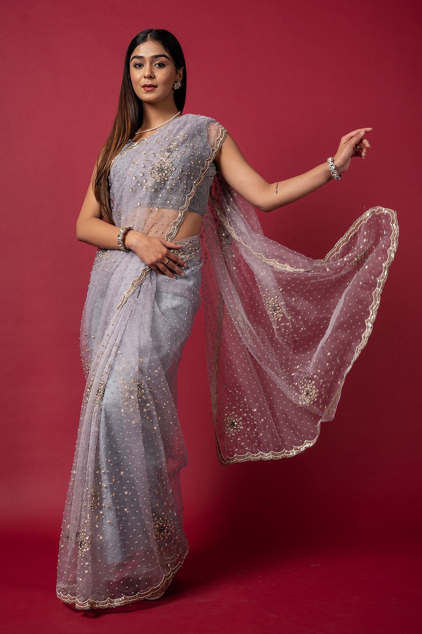 Grey Tissue organza pearl  sequins  handwork saree