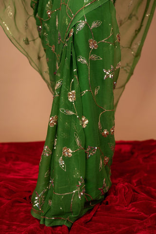 Viscose Chiffon Green Aari Siquin Butta Saree