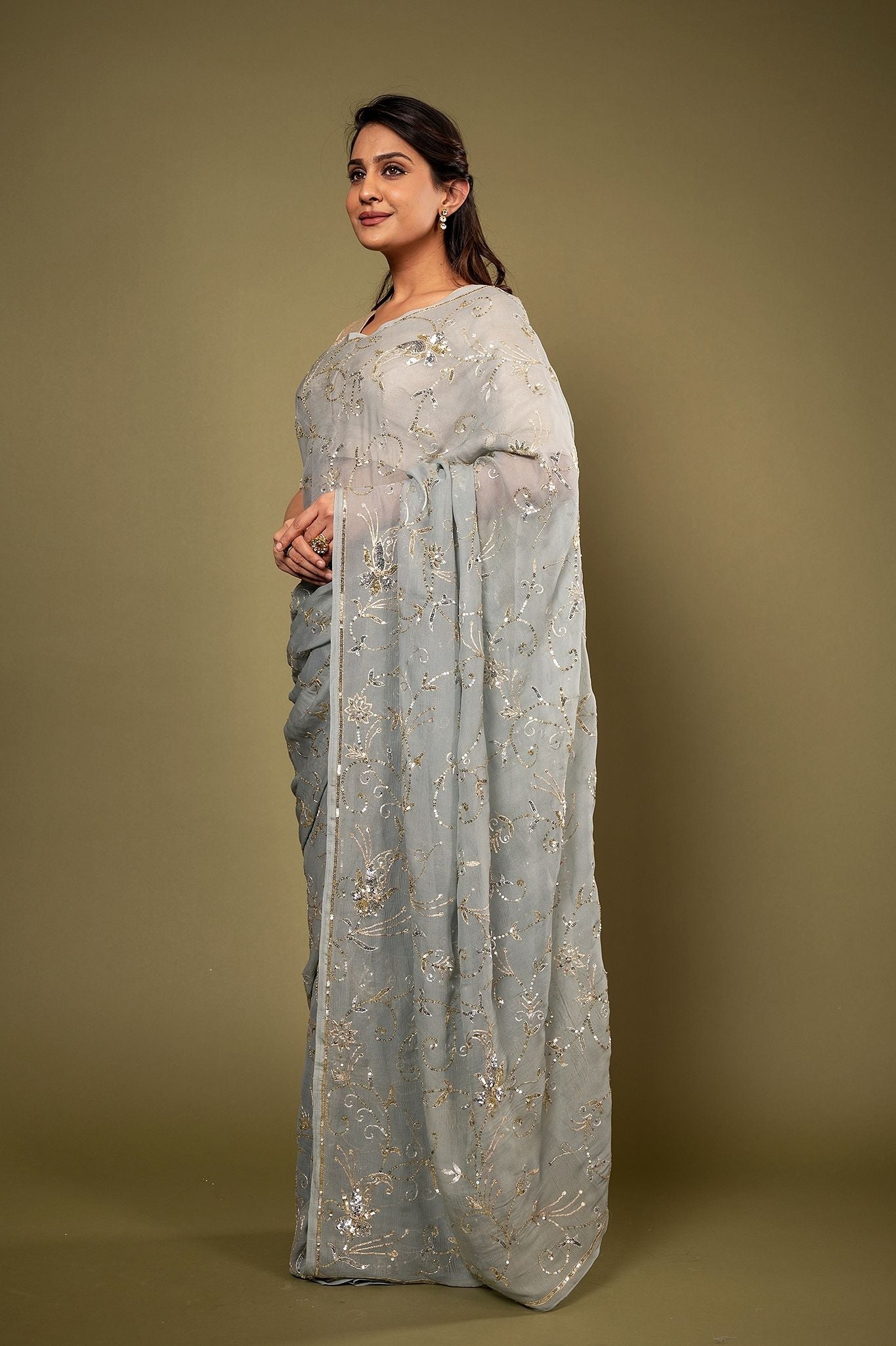 Grey Pure Chiffon aari sequins  jaal handwork saree