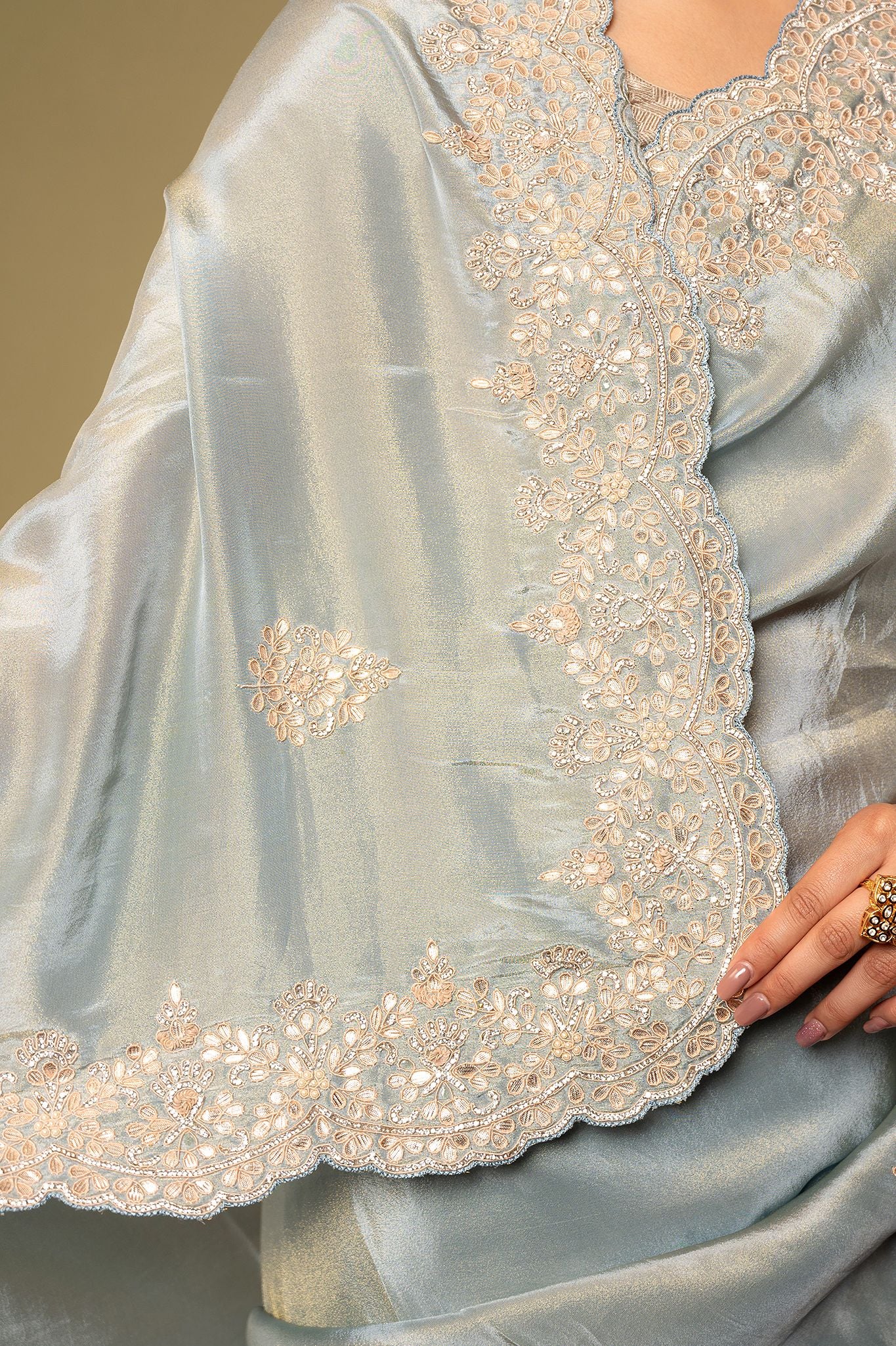 light grey Pure Tissue Resham Gotta pati borderbutti handwork party wear saree