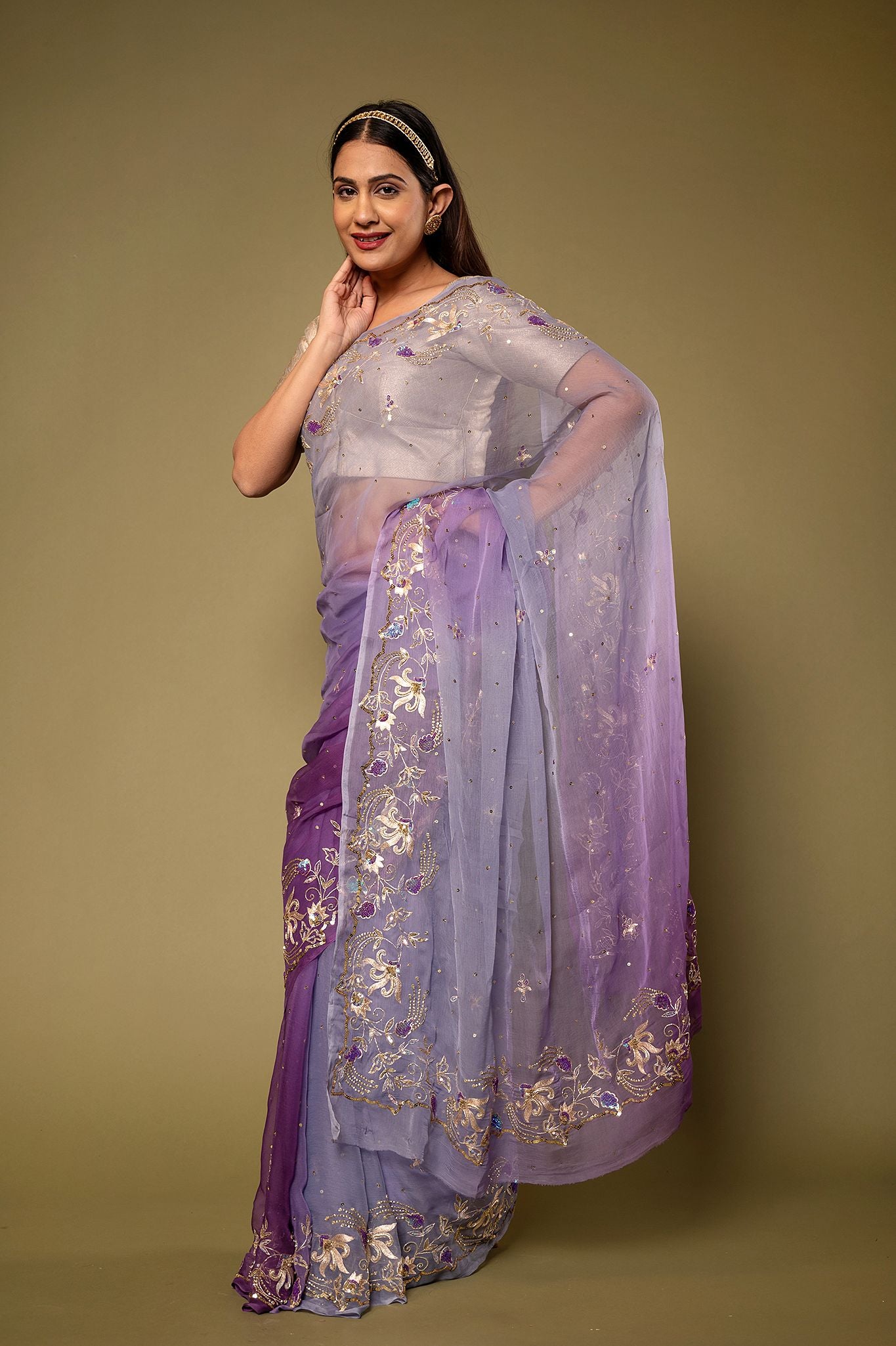Lavender viscose Chiffon aari sequins  border butti handwork saree
