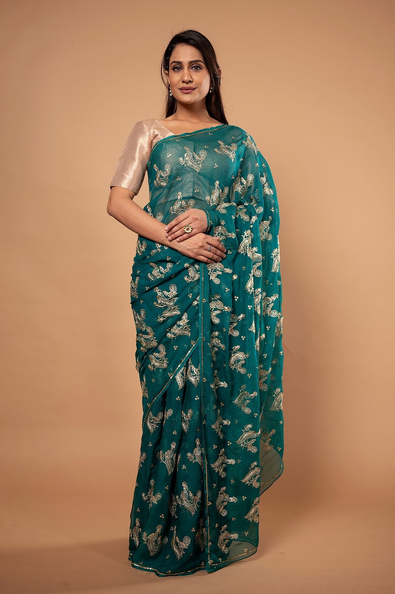 Rama green pure chiffon Aari motif handwork saree