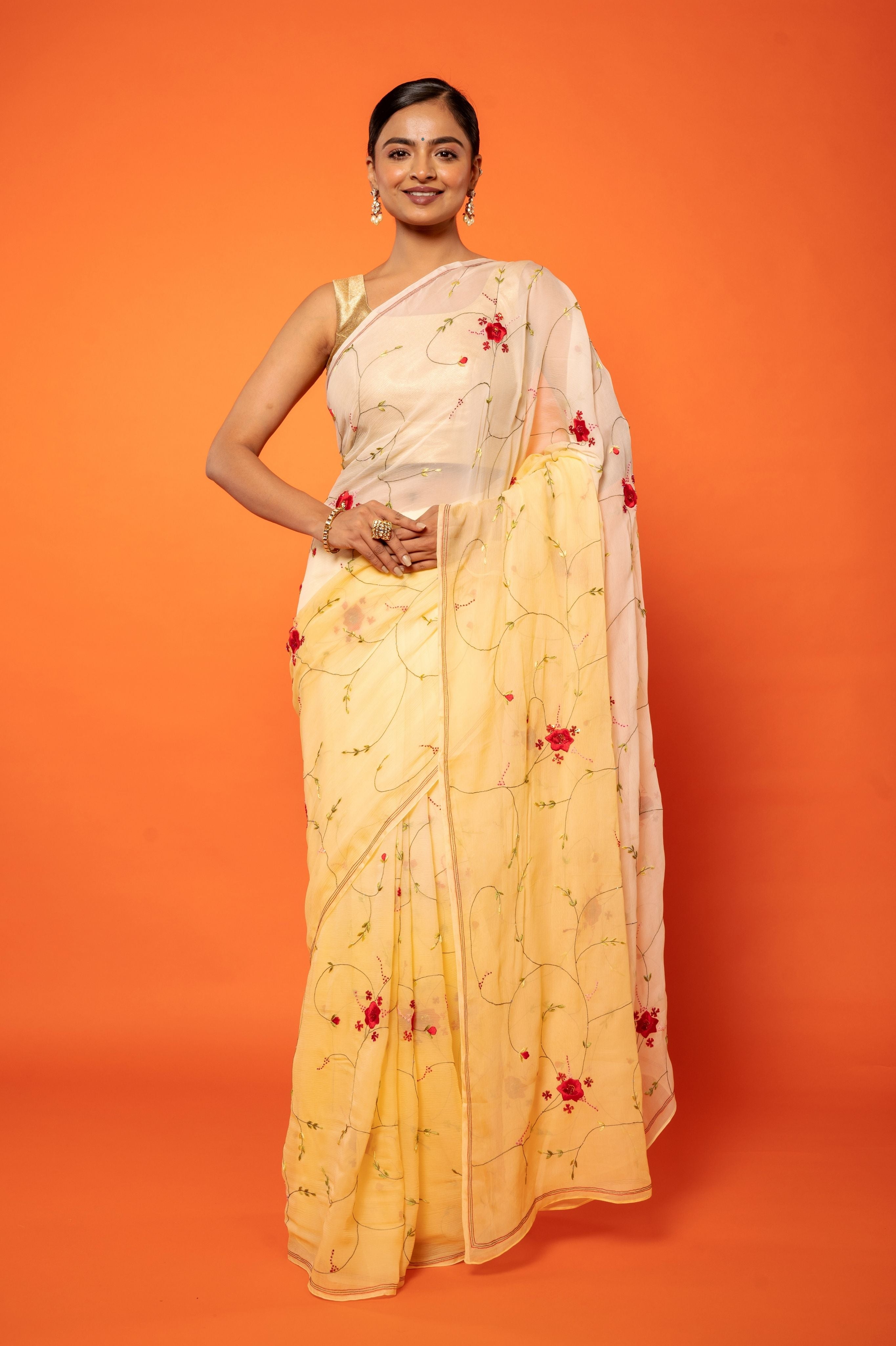 Yellow light dark Pure Chiffon resham Embroidery jaal handwork saree
