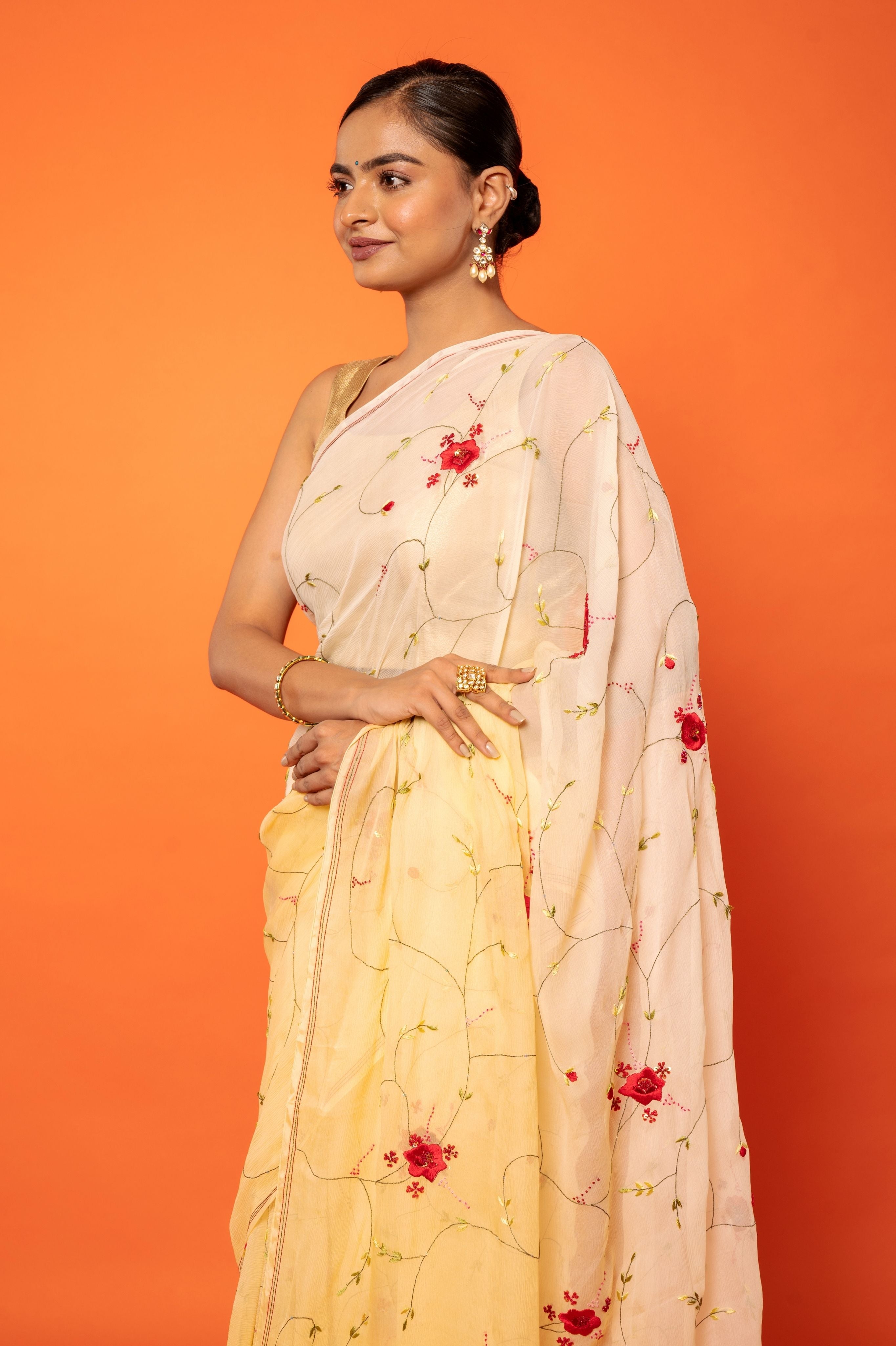 Yellow light dark Pure Chiffon resham Embroidery jaal handwork saree