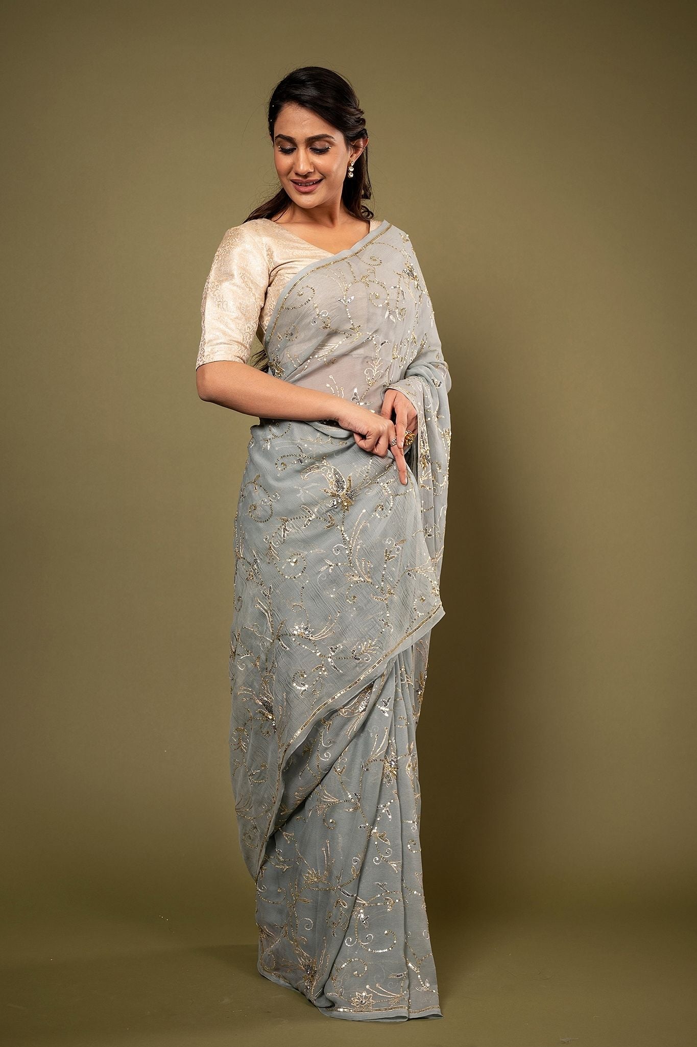 Grey Pure Chiffon aari sequins  jaal handwork saree